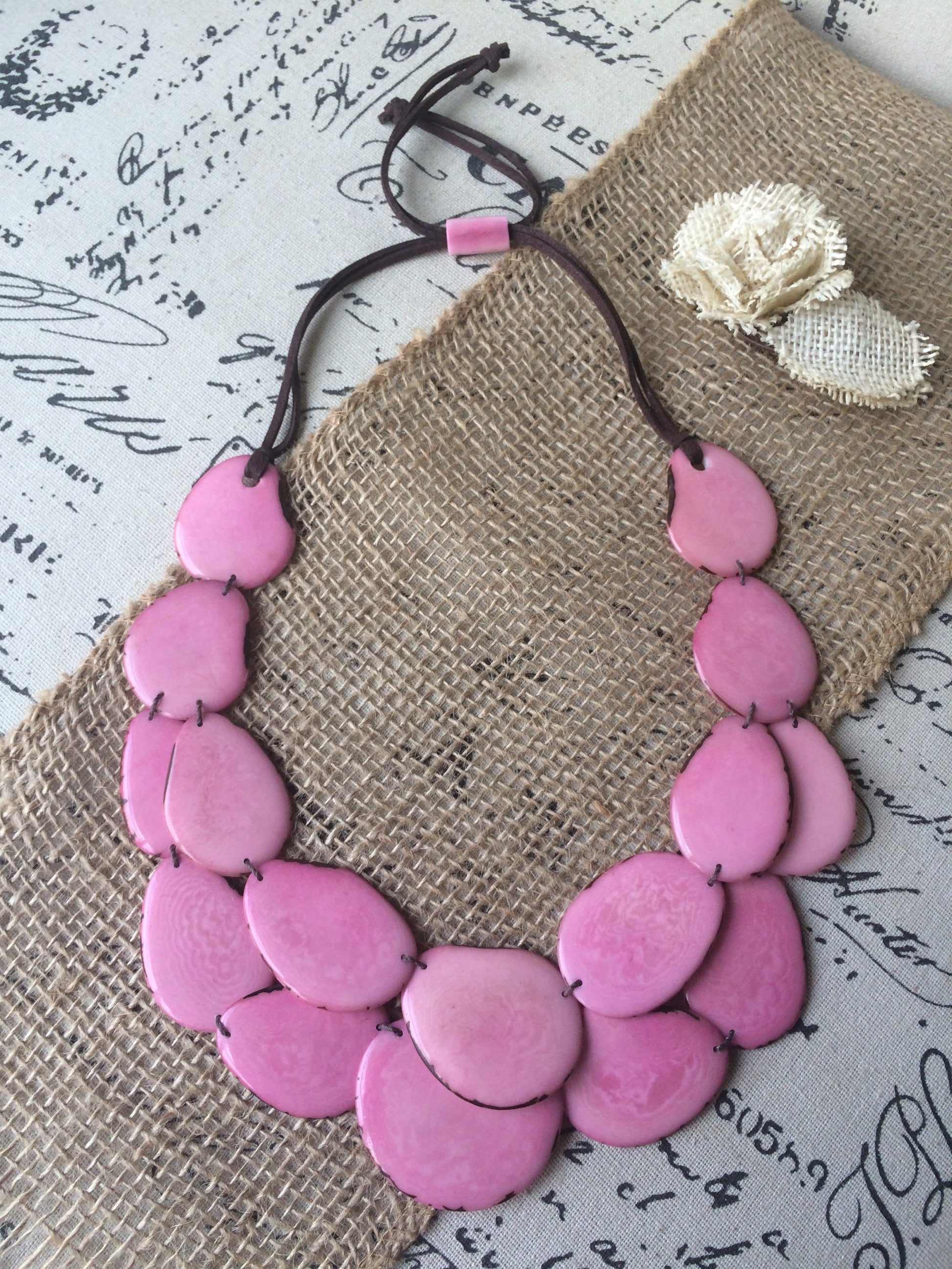 Pink statement necklace Adjustable cord Tagua jewelry Multi strand necklace Big bold necklace Wearable art Fall fashion Art to wear
