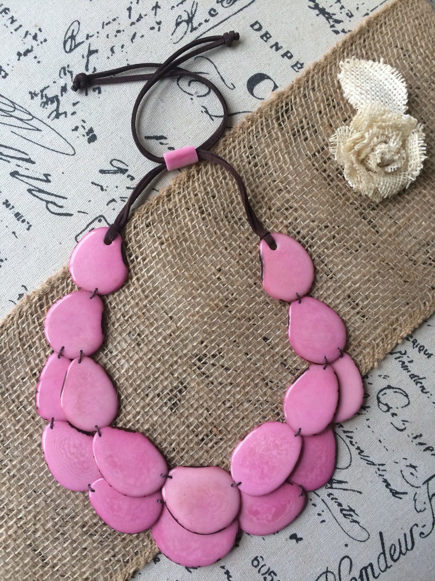 Pink statement necklace Adjustable cord Tagua jewelry Multi strand necklace Big bold necklace Wearable art Fall fashion Art to wear