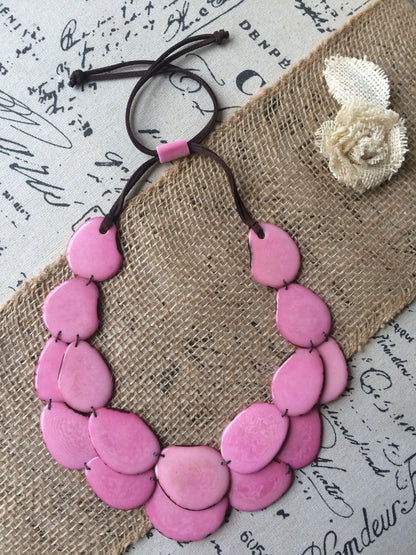 Pink statement necklace Adjustable cord Tagua jewelry Multi strand necklace Big bold necklace Wearable art Fall fashion Art to wear