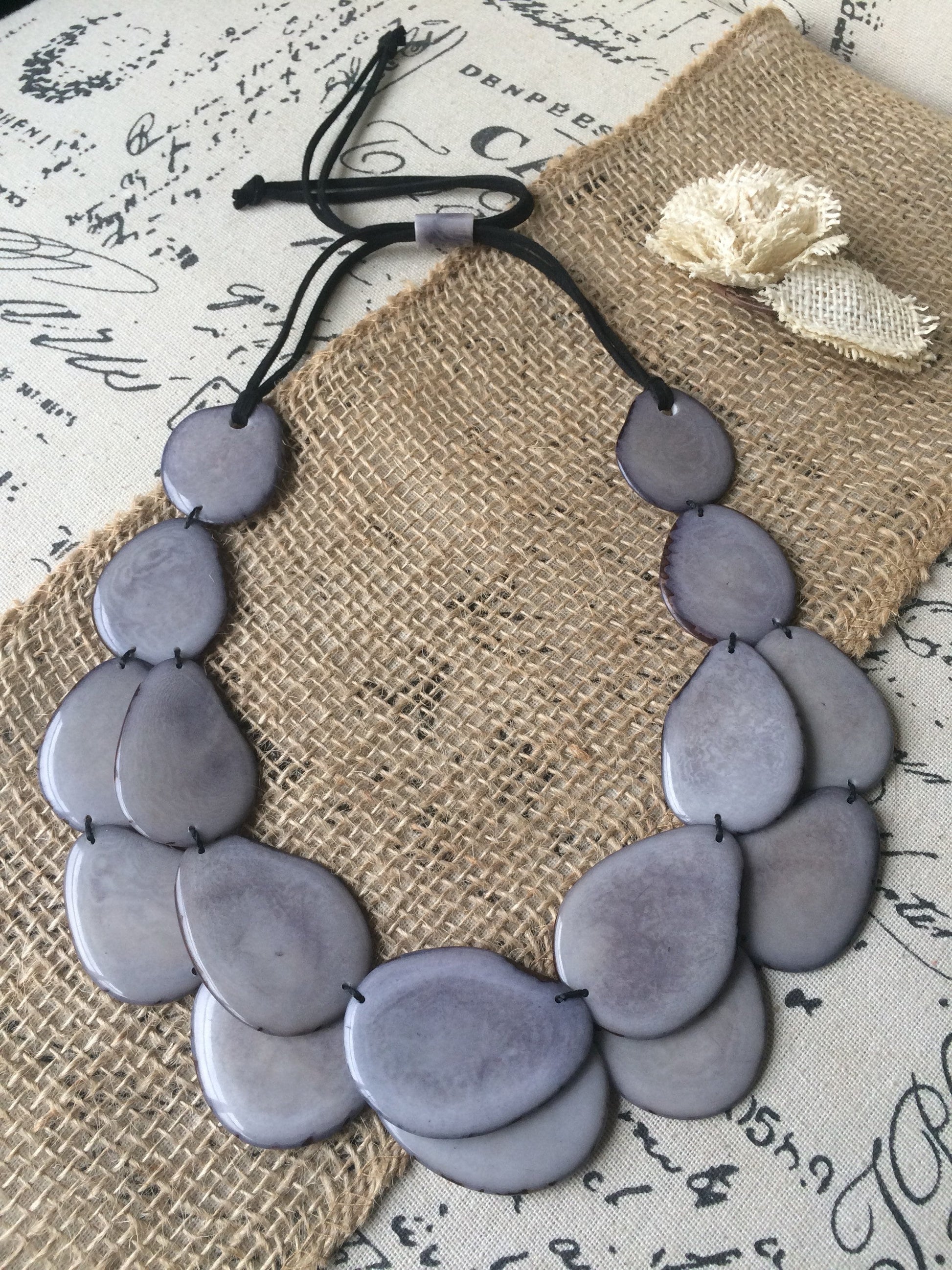 Gray statement necklace Tagua jewelry Big bold necklaces for women Double layer beaded necklace Wearable art Anniversary gift wife