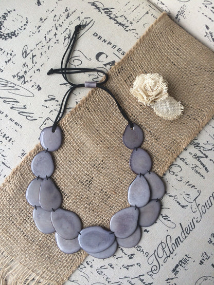 Gray statement necklace Tagua jewelry Big bold necklaces for women Double layer beaded necklace Wearable art Anniversary gift wife
