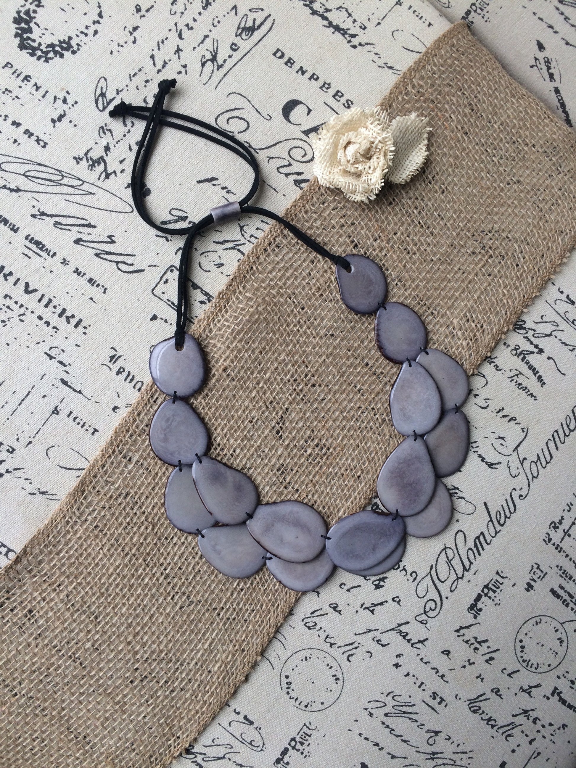 Gray statement necklace Tagua jewelry Big bold necklaces for women Double layer beaded necklace Wearable art Anniversary gift wife