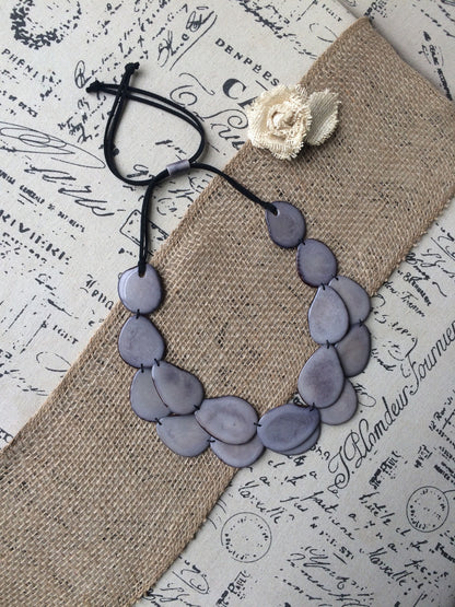 Gray statement necklace Tagua jewelry Big bold necklaces for women Double layer beaded necklace Wearable art Anniversary gift wife