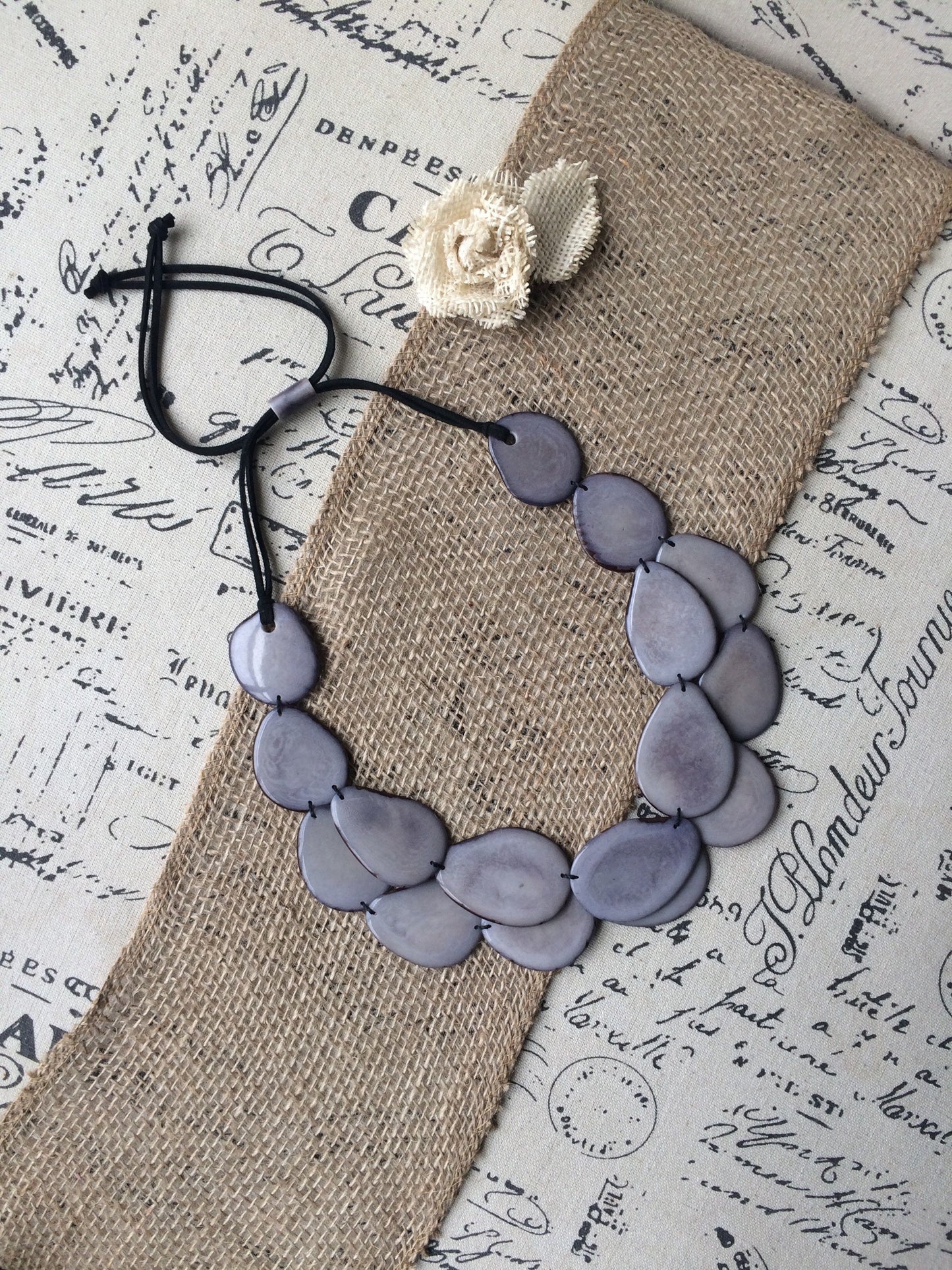 Gray statement necklace Tagua jewelry Big bold necklaces for women Double layer beaded necklace Wearable art Anniversary gift wife