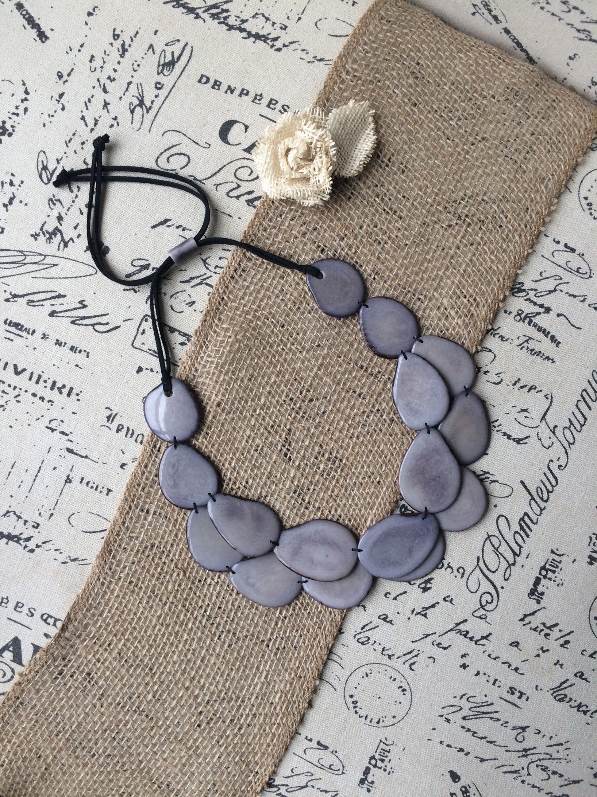 Gray statement necklace Tagua jewelry Big bold necklaces for women Double layer beaded necklace Wearable art Anniversary gift wife