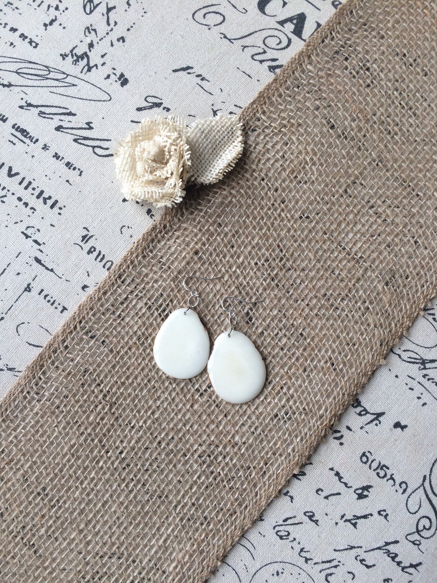 Tagua earrings Big white earrings 14 wedding anniversary gift Dangly drop earrings Wearable art Fall fashion Artisan handmade earrings