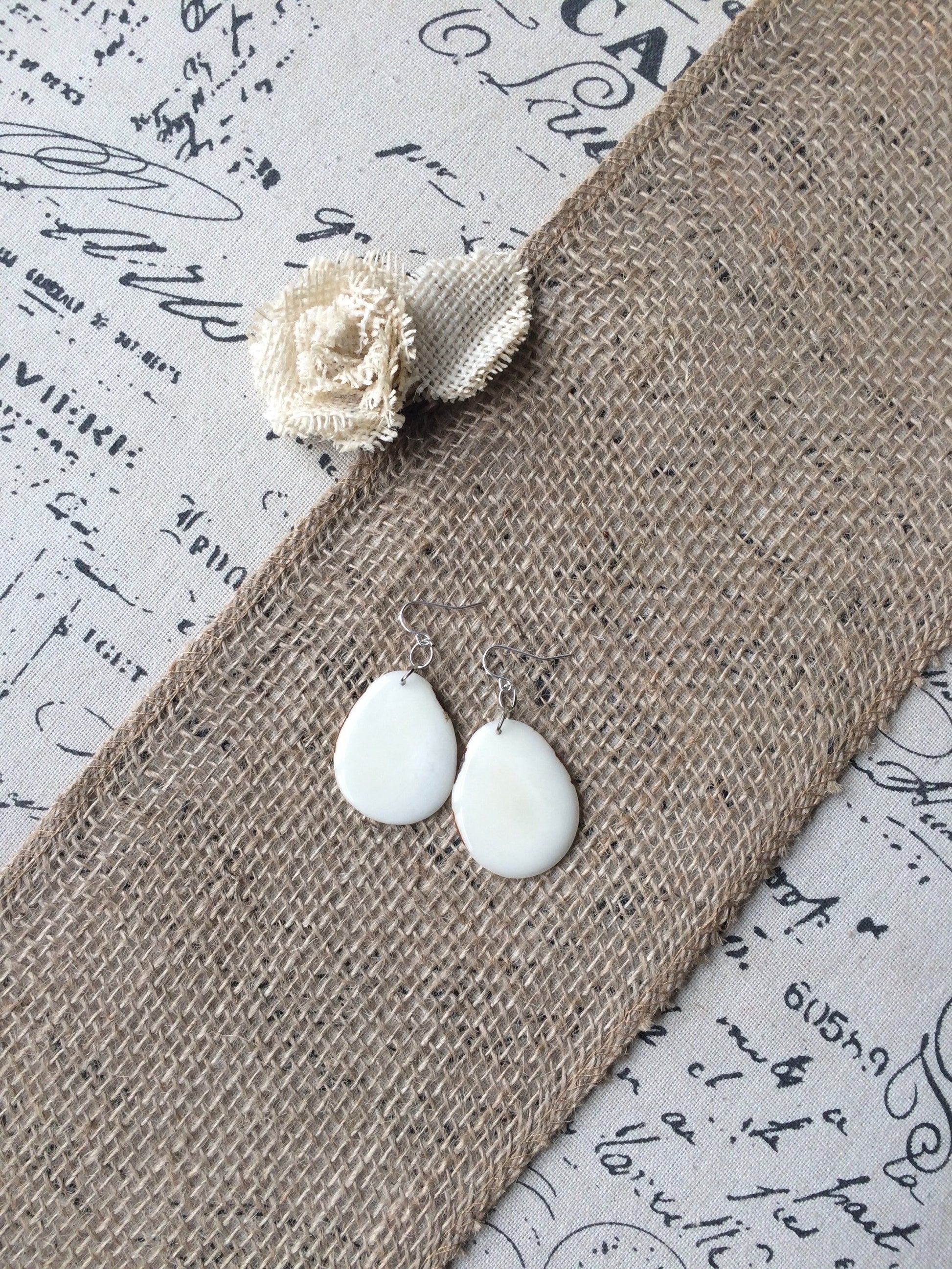 Tagua earrings Big white earrings 14 wedding anniversary gift Dangly drop earrings Wearable art Fall fashion Artisan handmade earrings