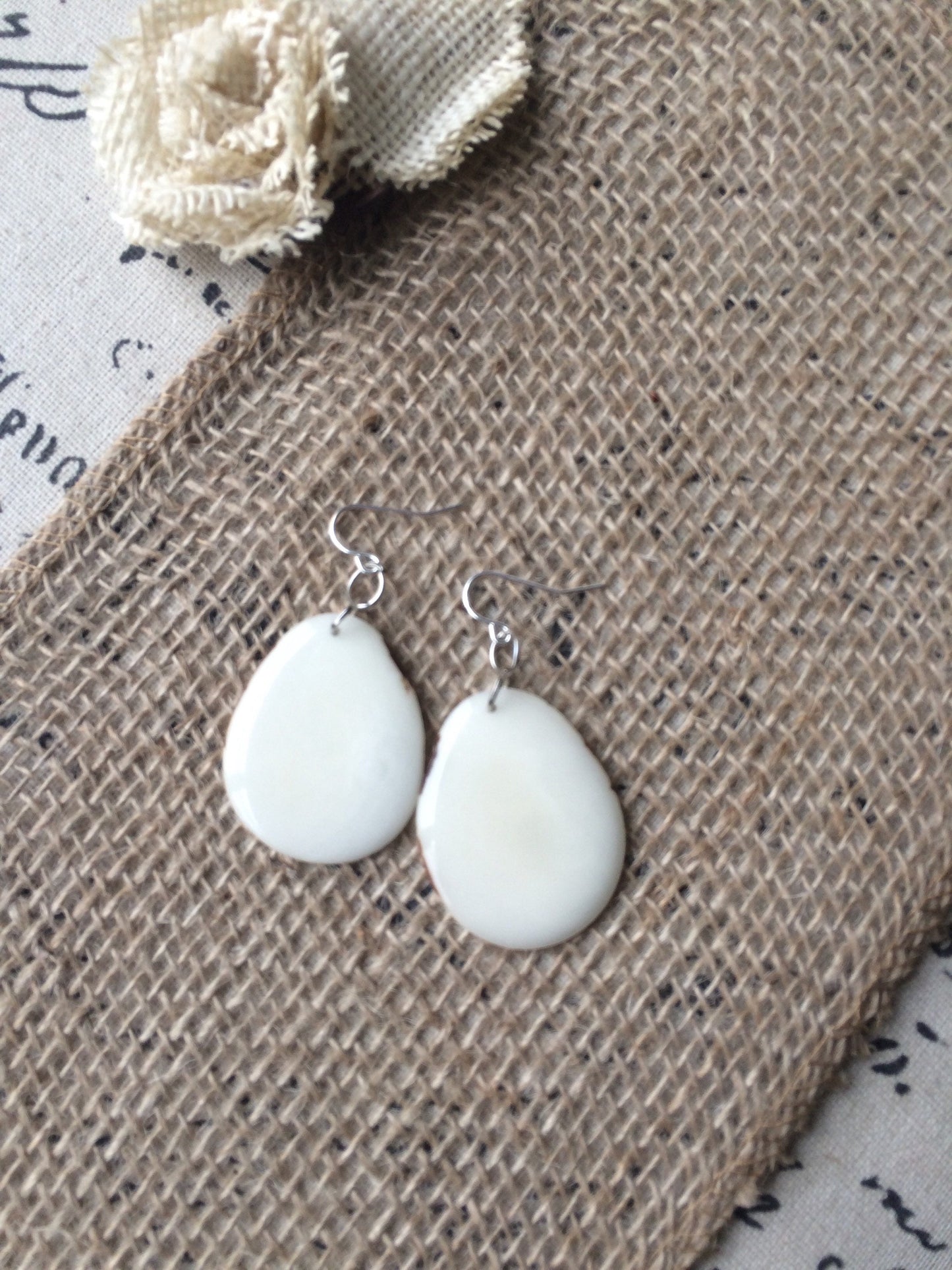 Tagua earrings Big white earrings 14 wedding anniversary gift Dangly drop earrings Wearable art Fall fashion Artisan handmade earrings