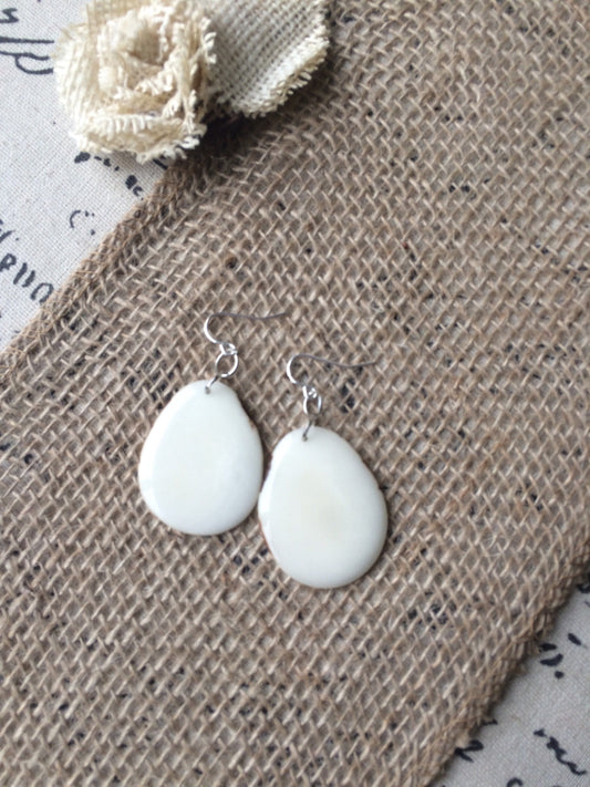 Tagua earrings Big white earrings 14 wedding anniversary gift Dangly drop earrings Wearable art Fall fashion Artisan handmade earrings