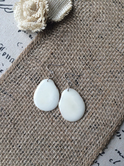 Tagua earrings Big white earrings 14 wedding anniversary gift Dangly drop earrings Wearable art Fall fashion Artisan handmade earrings
