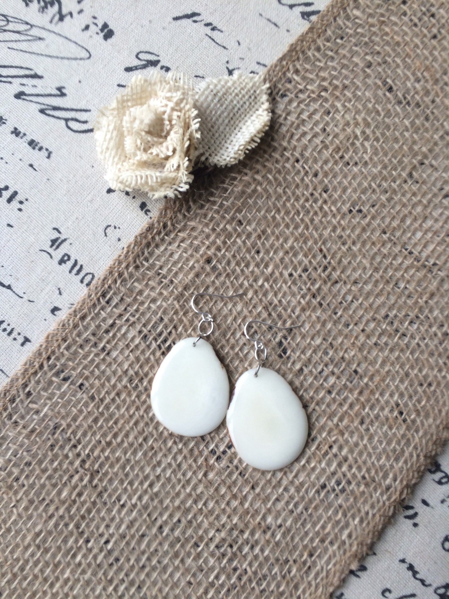 Tagua earrings Big white earrings 14 wedding anniversary gift Dangly drop earrings Wearable art Fall fashion Artisan handmade earrings