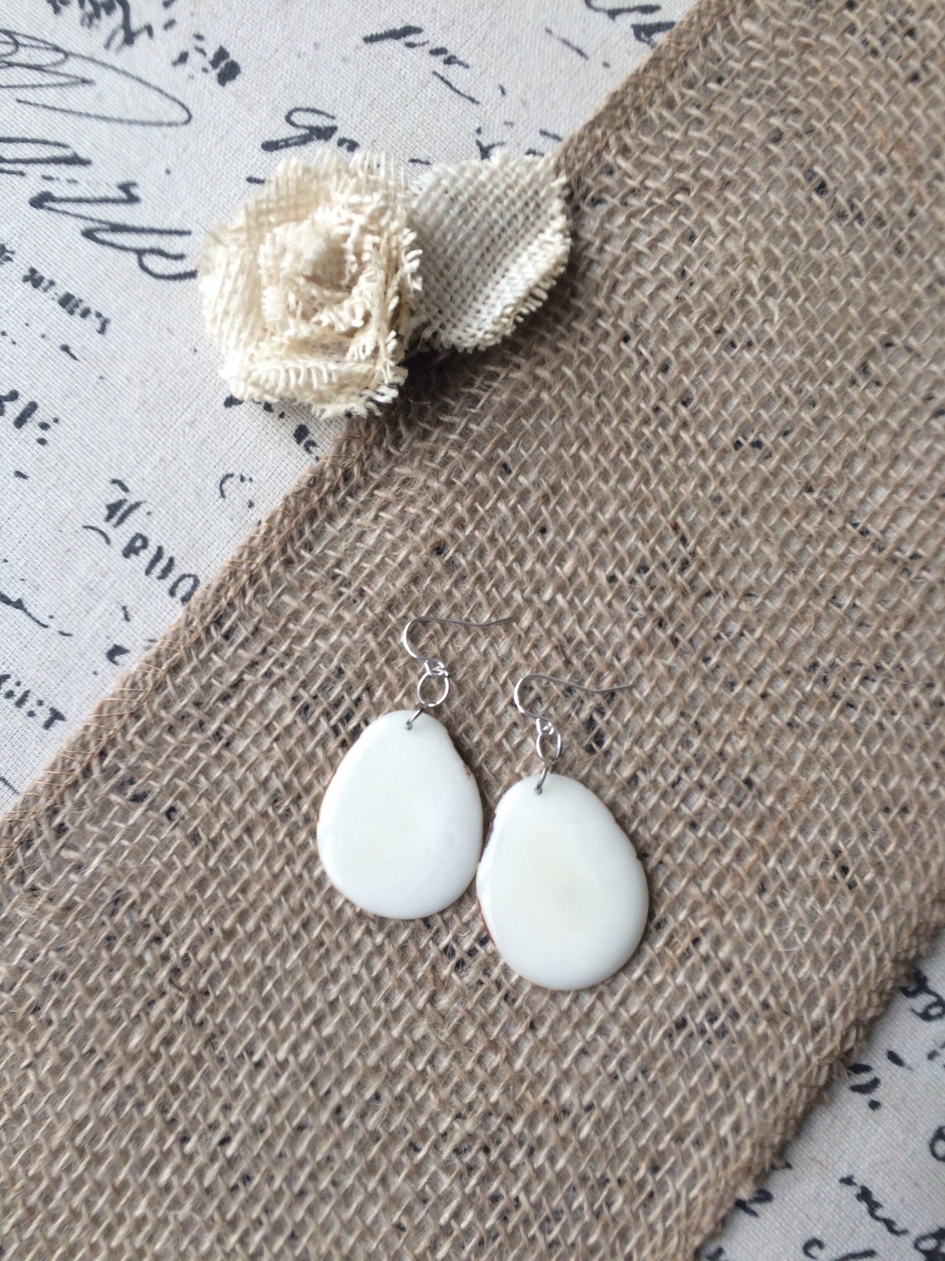 Tagua earrings Big white earrings 14 wedding anniversary gift Dangly drop earrings Wearable art Fall fashion Artisan handmade earrings