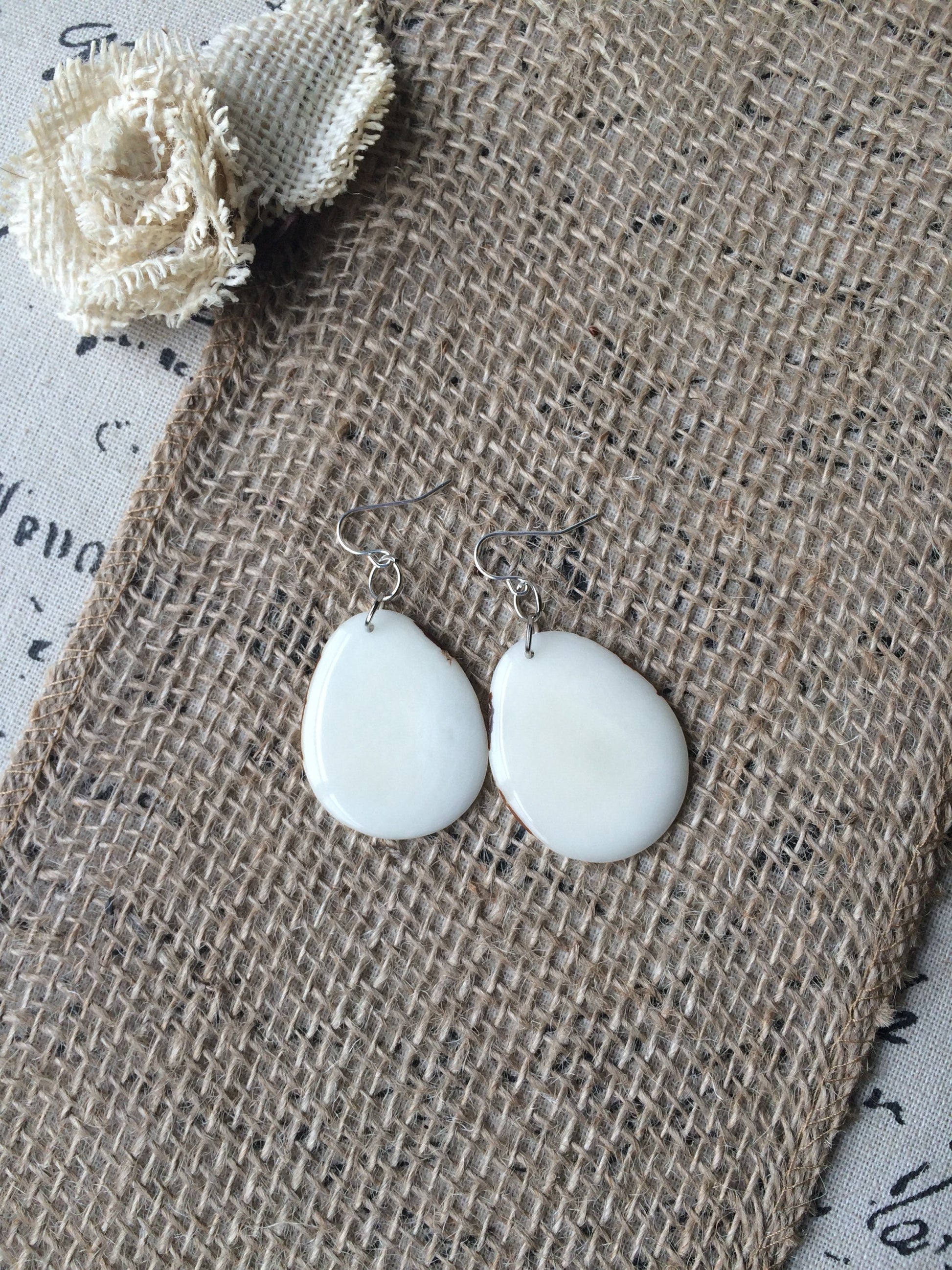 Tagua earrings Big white earrings 14 wedding anniversary gift Dangly drop earrings Wearable art Fall fashion Artisan handmade earrings