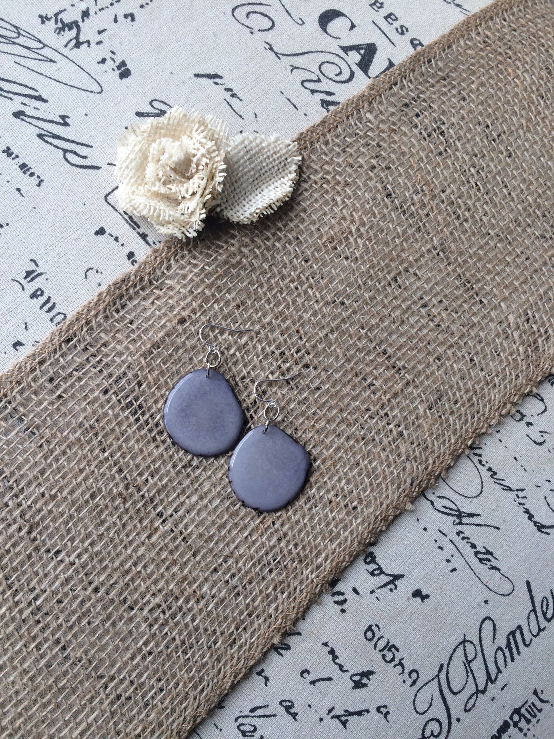 Gray Tagua Nut Earrings: Handmade Dangle Drop Earrings, Hypoallergenic hooks