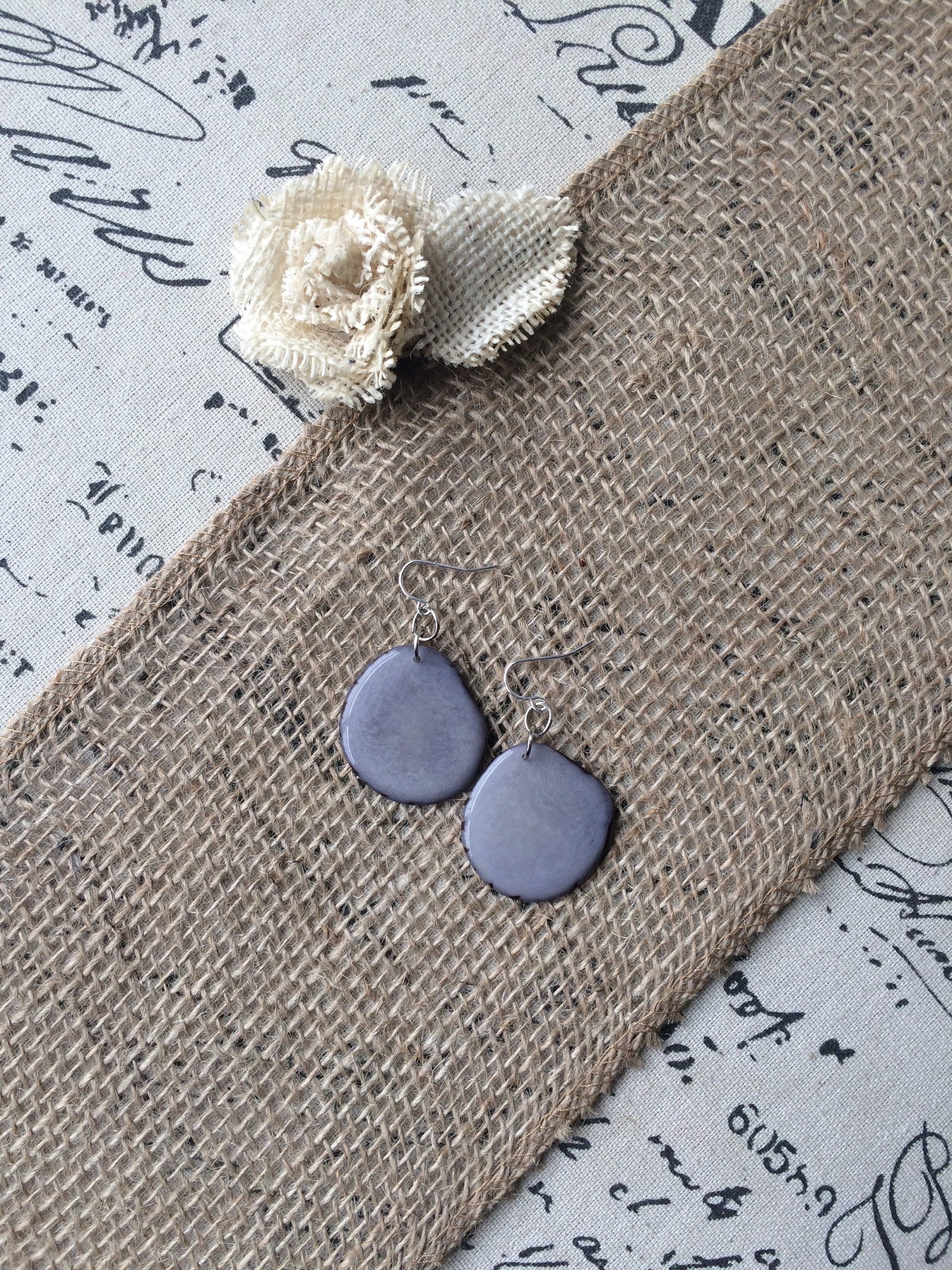 Gray Tagua Nut Earrings: Handmade Dangle Drop Earrings, Hypoallergenic hooks
