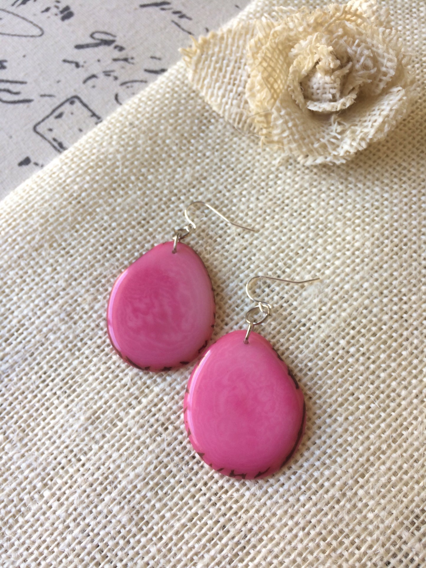 Tagua earrings Big pink earrings Handmade in Ecuador Custom jewelry Statement jewelry Fall fashion Art to wear Hypoallergenic dangles