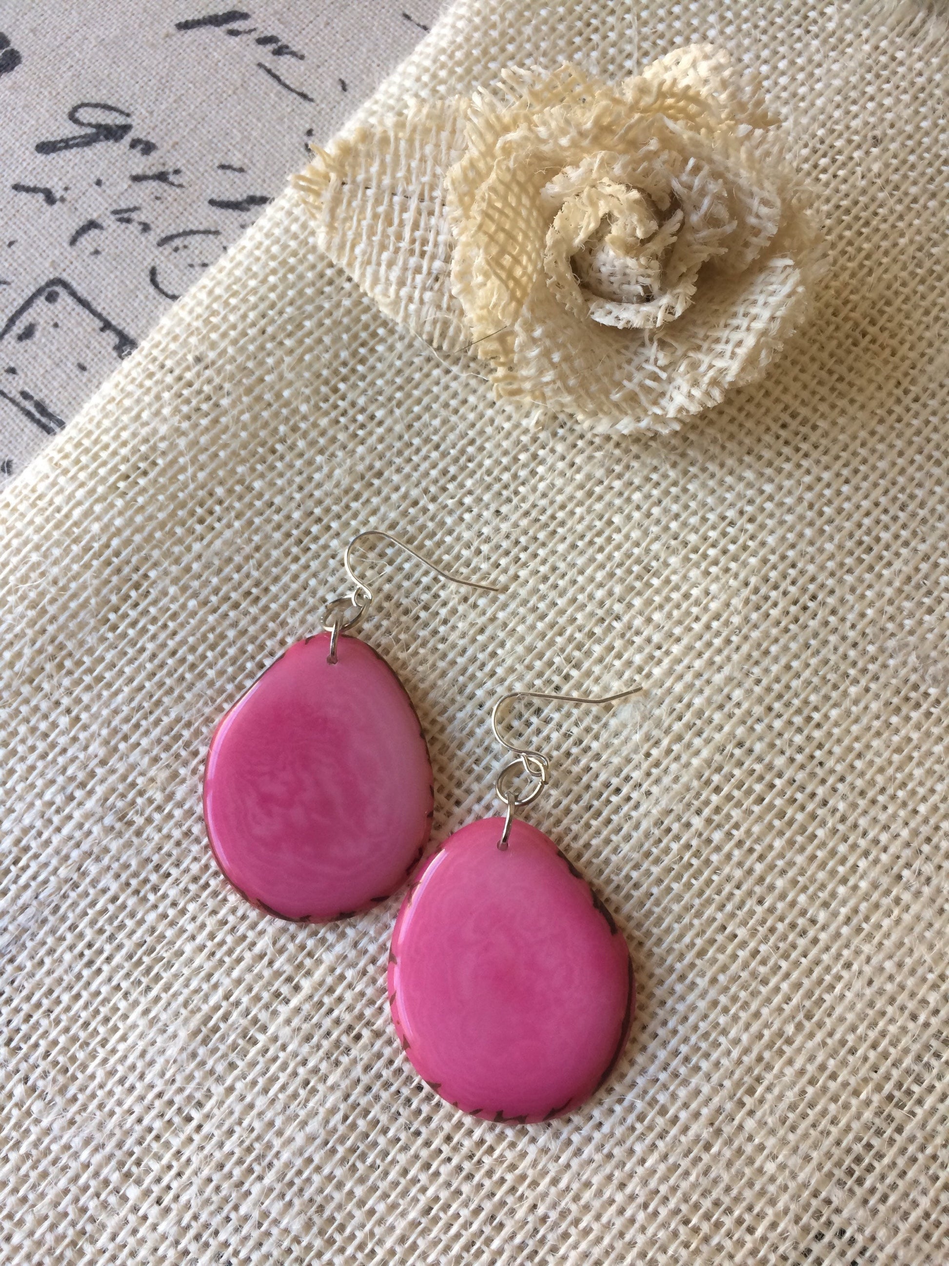 Tagua earrings Big pink earrings Handmade in Ecuador Custom jewelry Statement jewelry Fall fashion Art to wear Hypoallergenic dangles