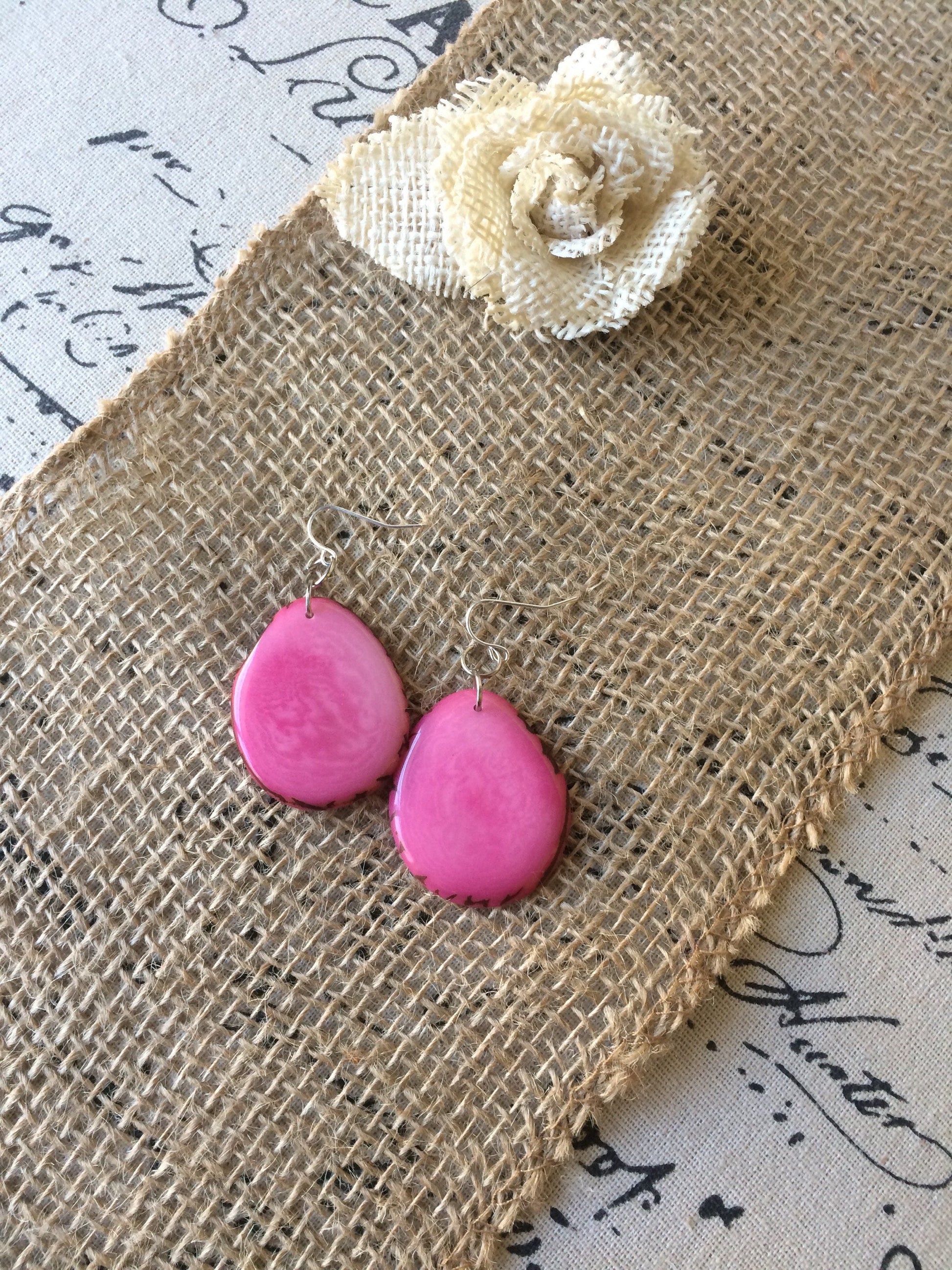 Tagua earrings Big pink earrings Handmade in Ecuador Custom jewelry Statement jewelry Fall fashion Art to wear Hypoallergenic dangles