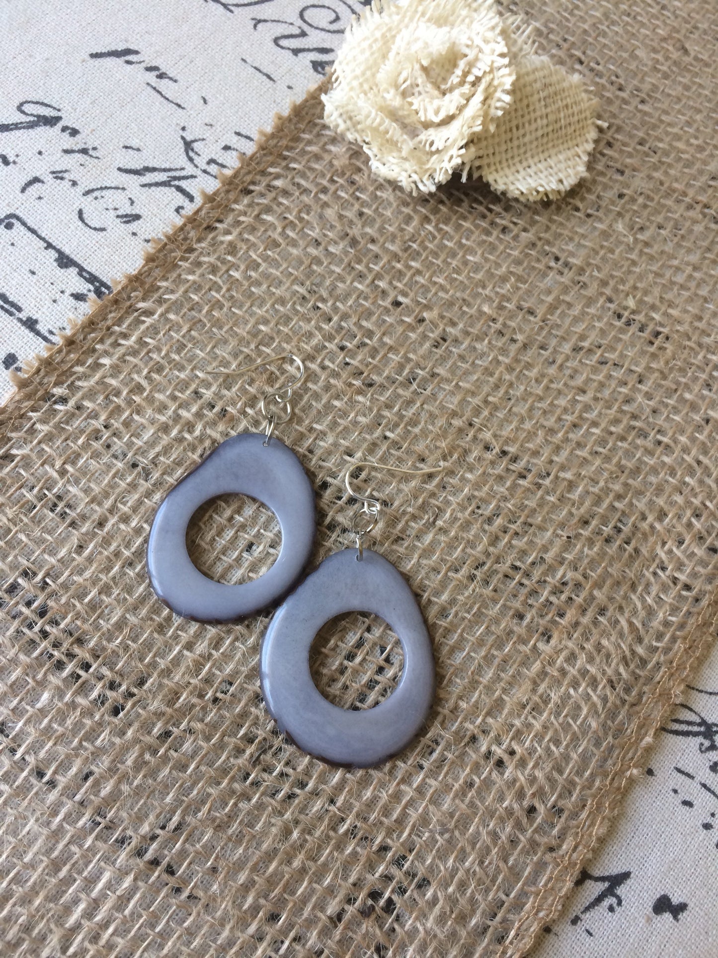 Tagua nut earrings Big gray earrings Unusual oversized earrings Modern mod hoops Fall fashion Wearable art Hypoallergenic earrings