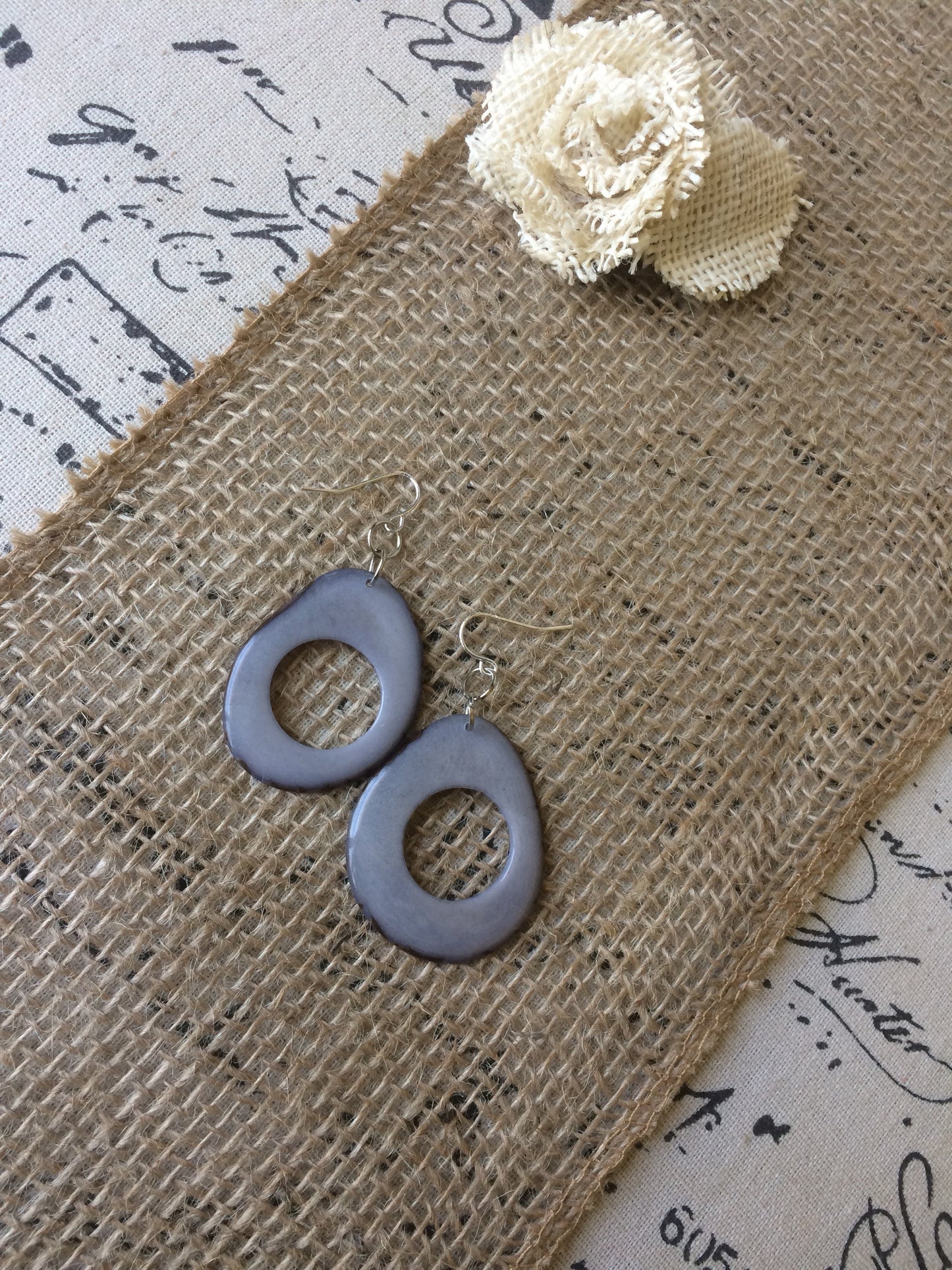 Tagua nut earrings Big gray earrings Unusual oversized earrings Modern mod hoops Fall fashion Wearable art Hypoallergenic earrings