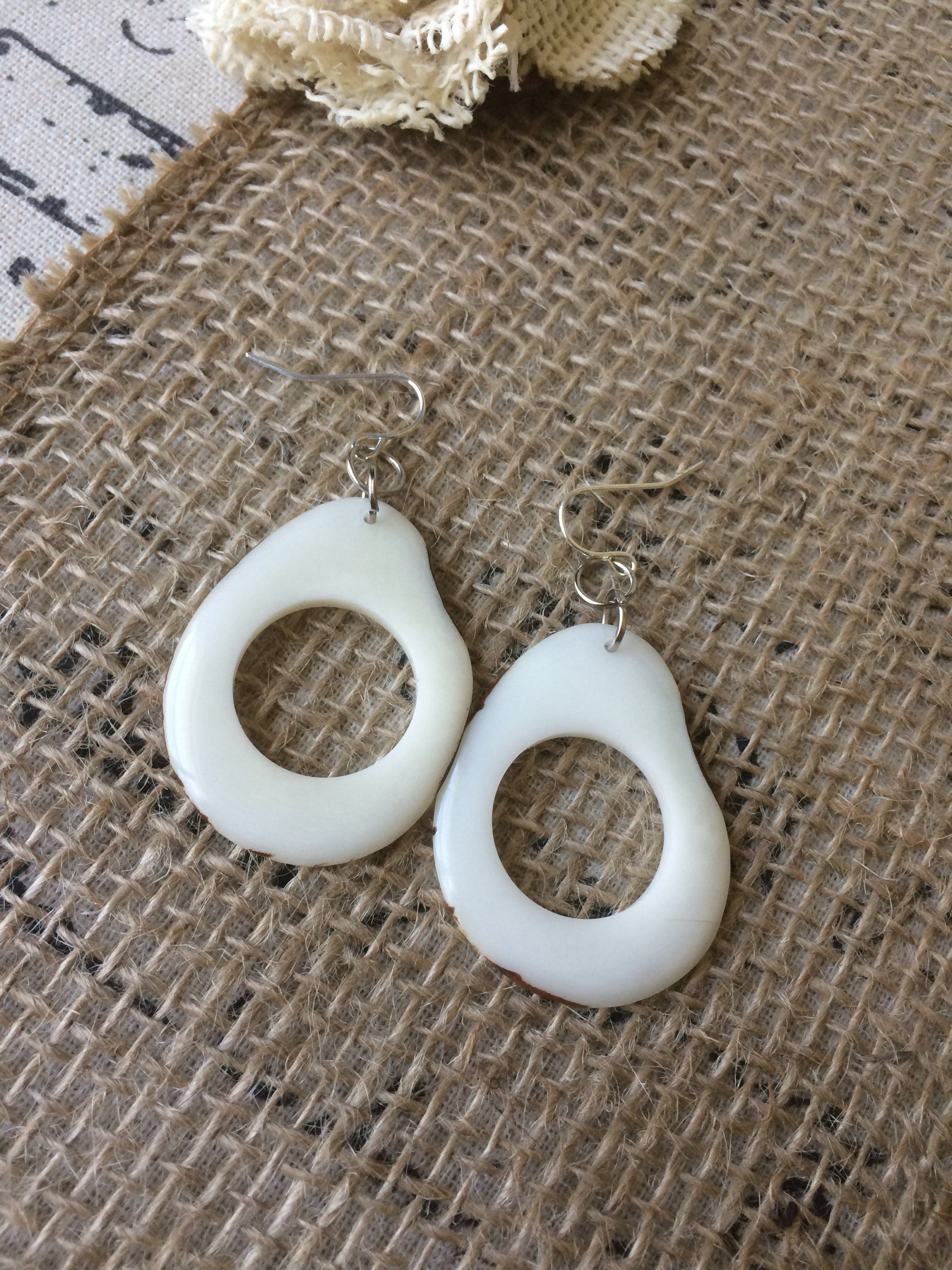 White statement earrings Tagua jewelry 14 year wedding anniversary gift for wife Wearable art Handmade beaded earrings Dangly drop earrings