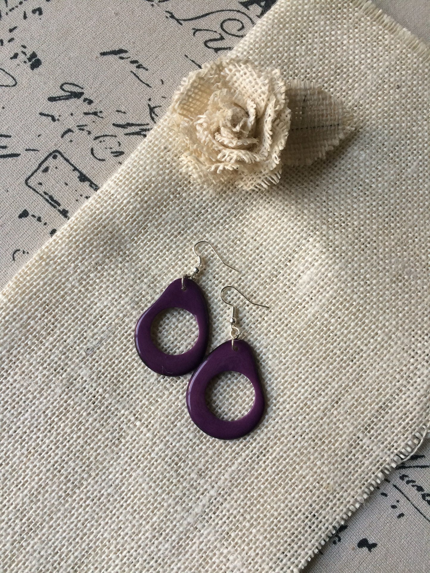 Big purple earrings Tagua jewelry Beaded hoops Unusual oversized jewelry Long drop earrings Mod large dangle earrings Statement earrings