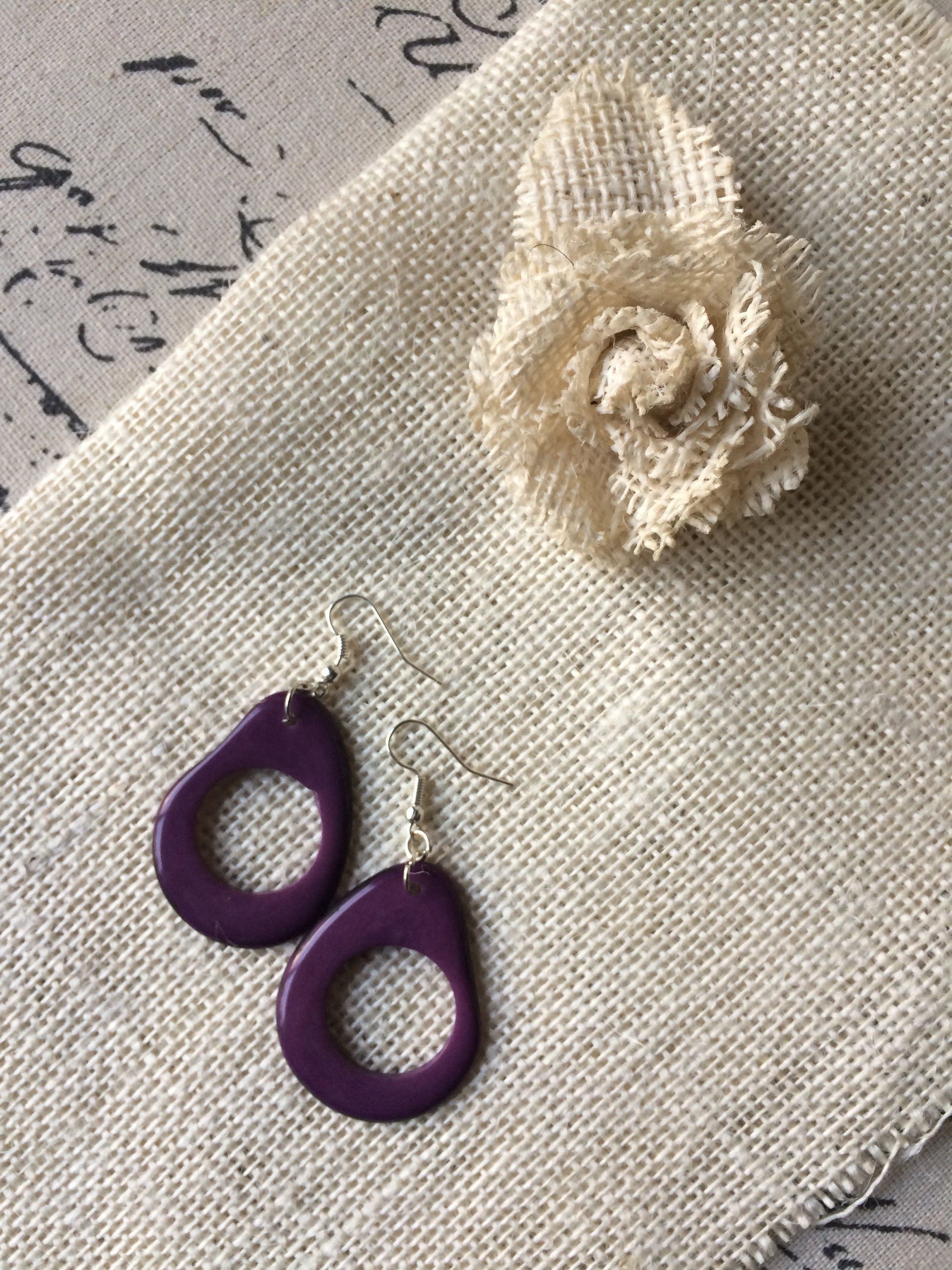 Big purple earrings Tagua jewelry Beaded hoops Unusual oversized jewelry Long drop earrings Mod large dangle earrings Statement earrings