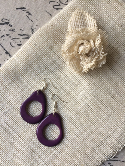 Big purple earrings Tagua jewelry Beaded hoops Unusual oversized jewelry Long drop earrings Mod large dangle earrings Statement earrings