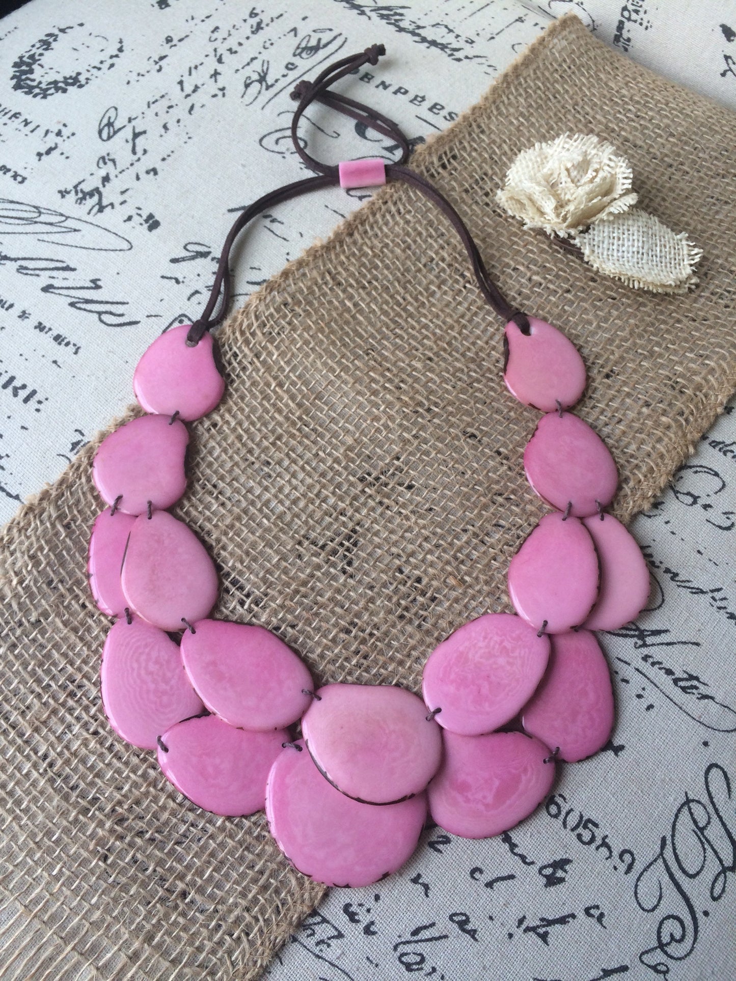 Pink statement necklace Adjustable cord Tagua jewelry Multi strand necklace Big bold necklace Wearable art Fall fashion Art to wear