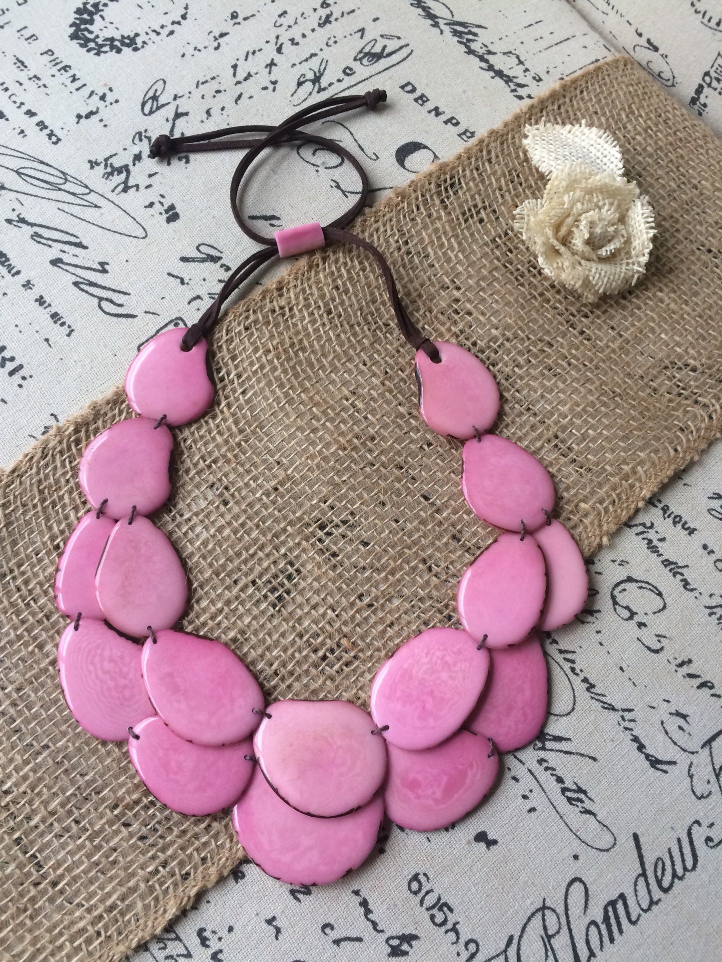 Pink statement necklace Adjustable cord Tagua jewelry Multi strand necklace Big bold necklace Wearable art Fall fashion Art to wear