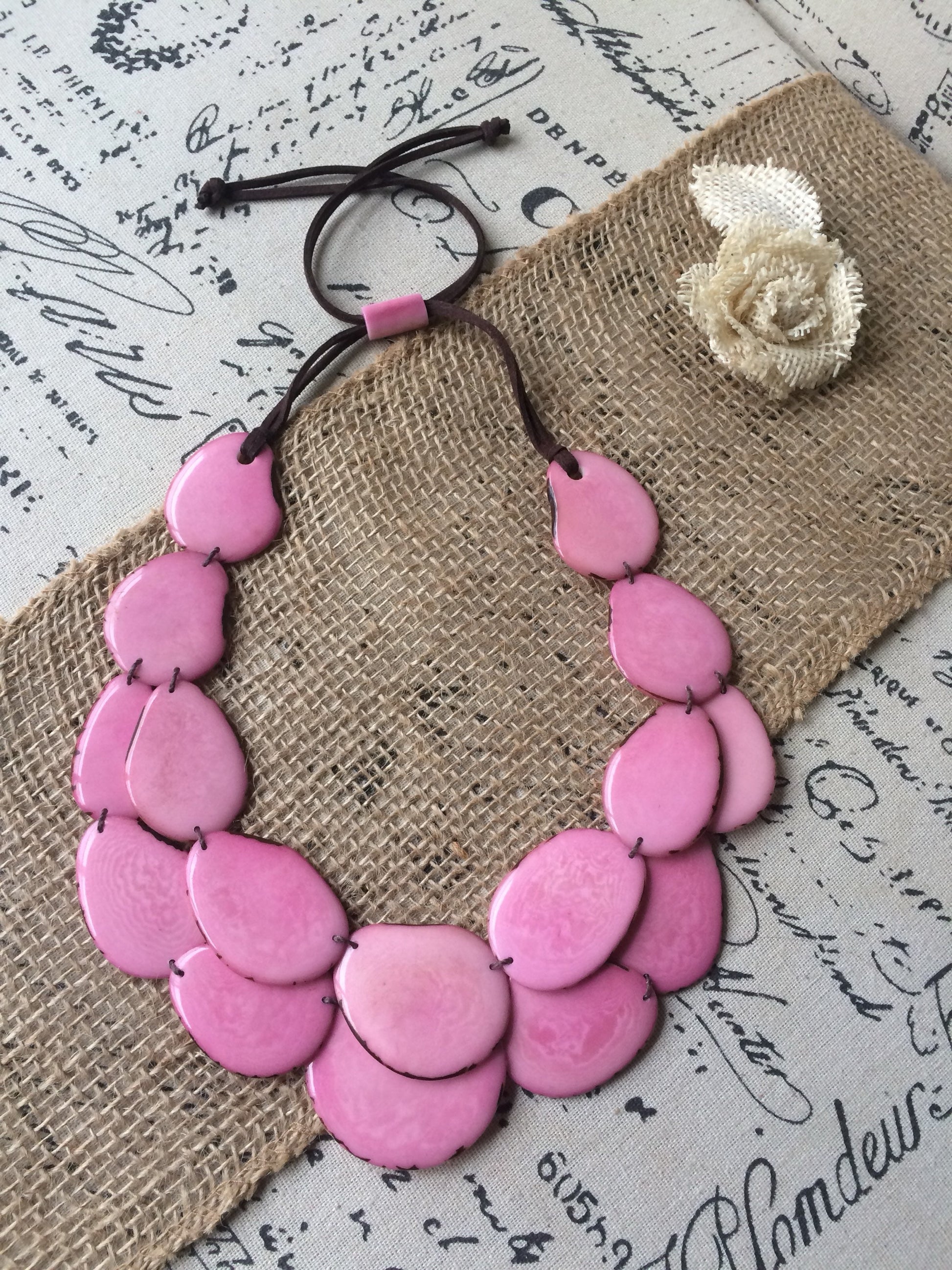 Pink statement necklace Adjustable cord Tagua jewelry Multi strand necklace Big bold necklace Wearable art Fall fashion Art to wear