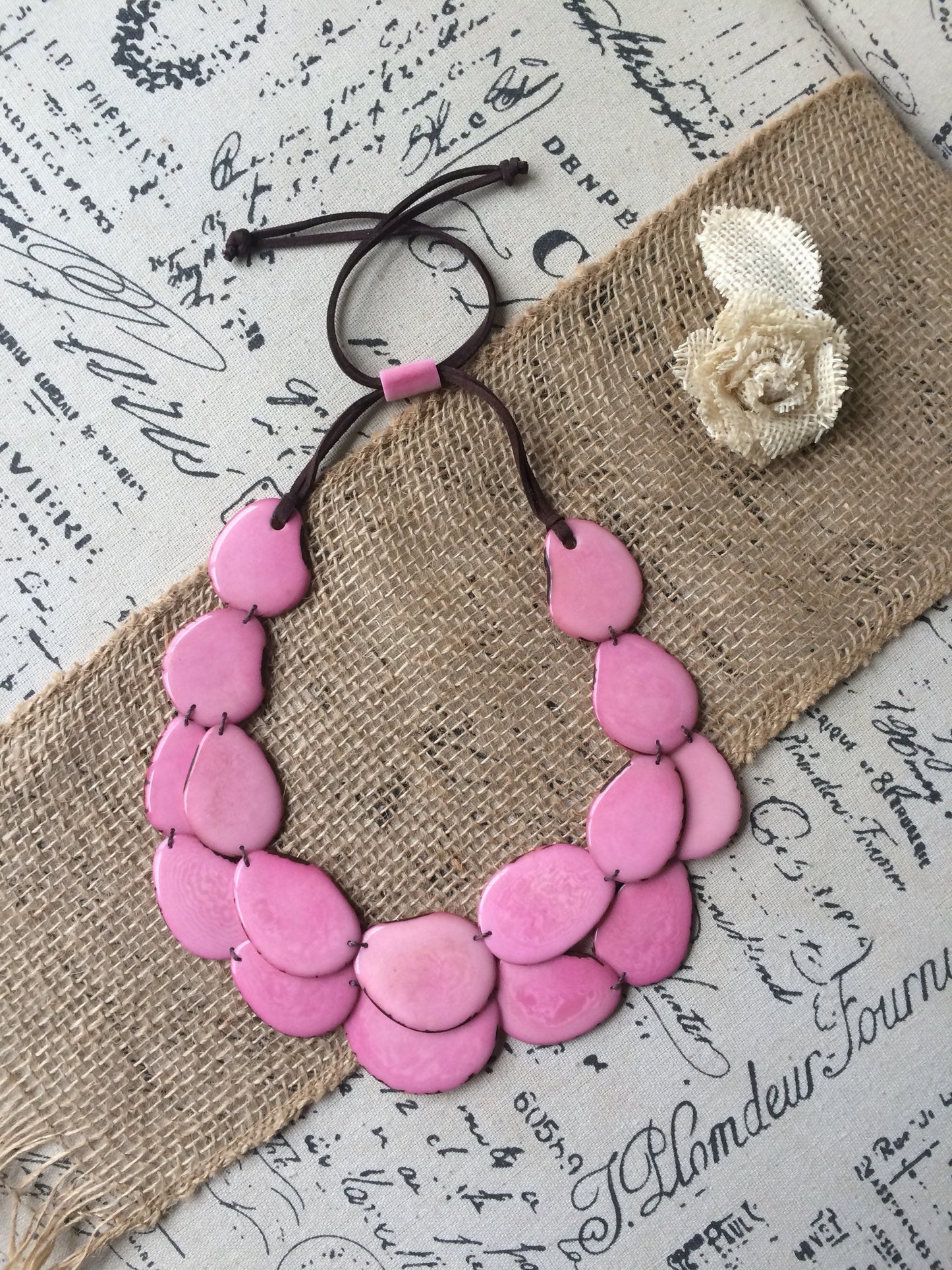 Pink statement necklace Adjustable cord Tagua jewelry Multi strand necklace Big bold necklace Wearable art Fall fashion Art to wear