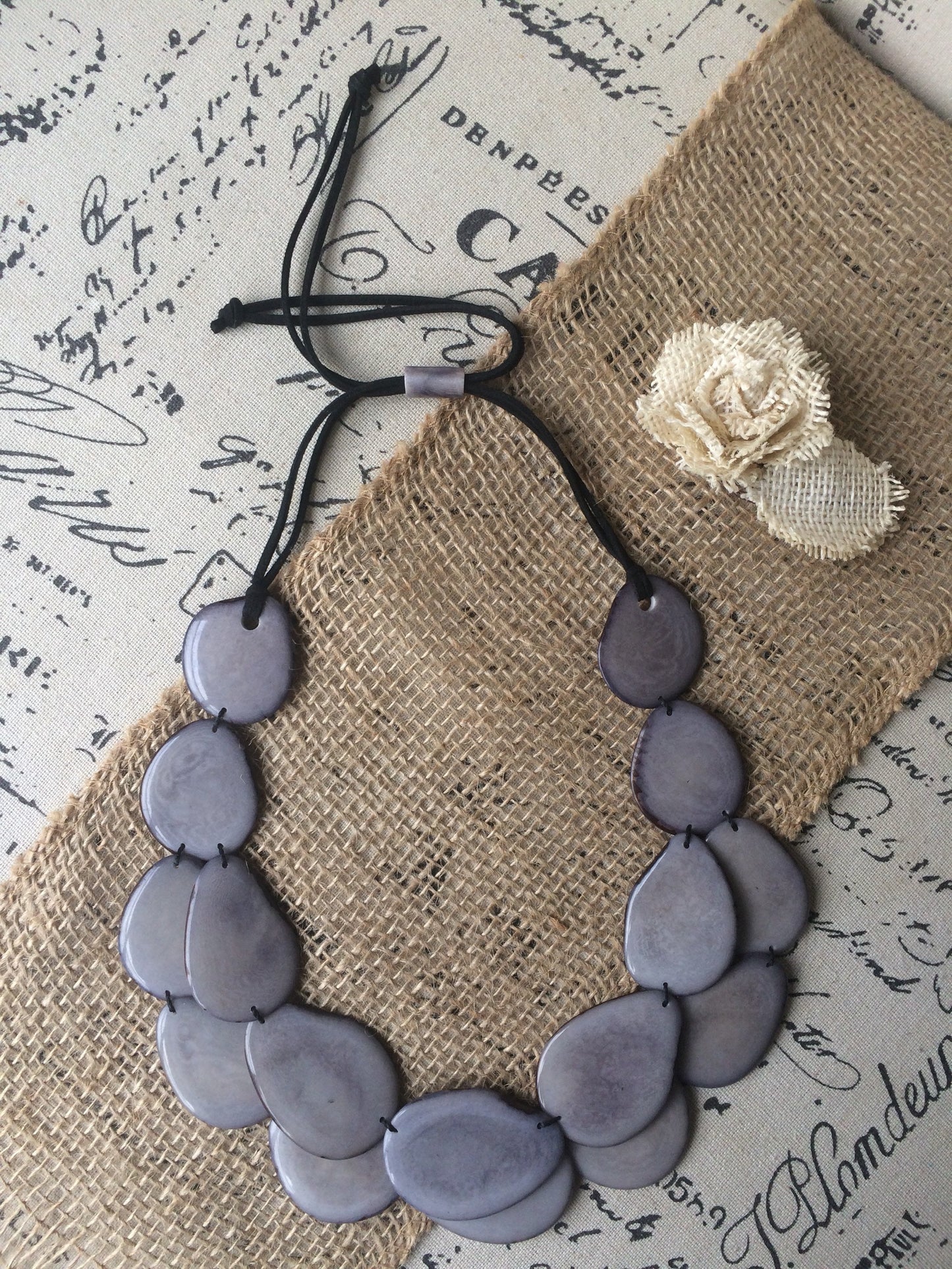 Gray statement necklace Tagua jewelry Big bold necklaces for women Double layer beaded necklace Wearable art Anniversary gift wife