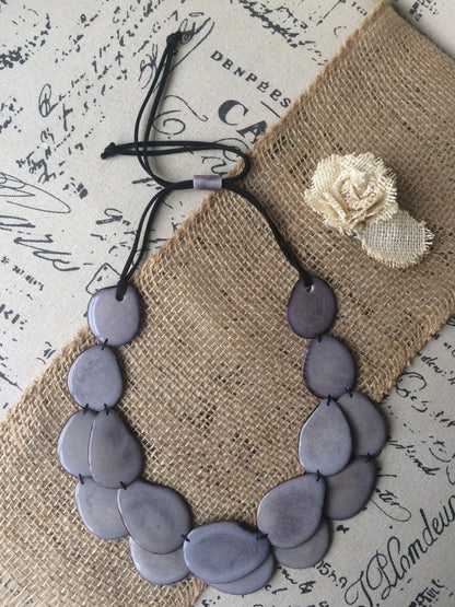 Gray statement necklace Tagua jewelry Big bold necklaces for women Double layer beaded necklace Wearable art Anniversary gift wife