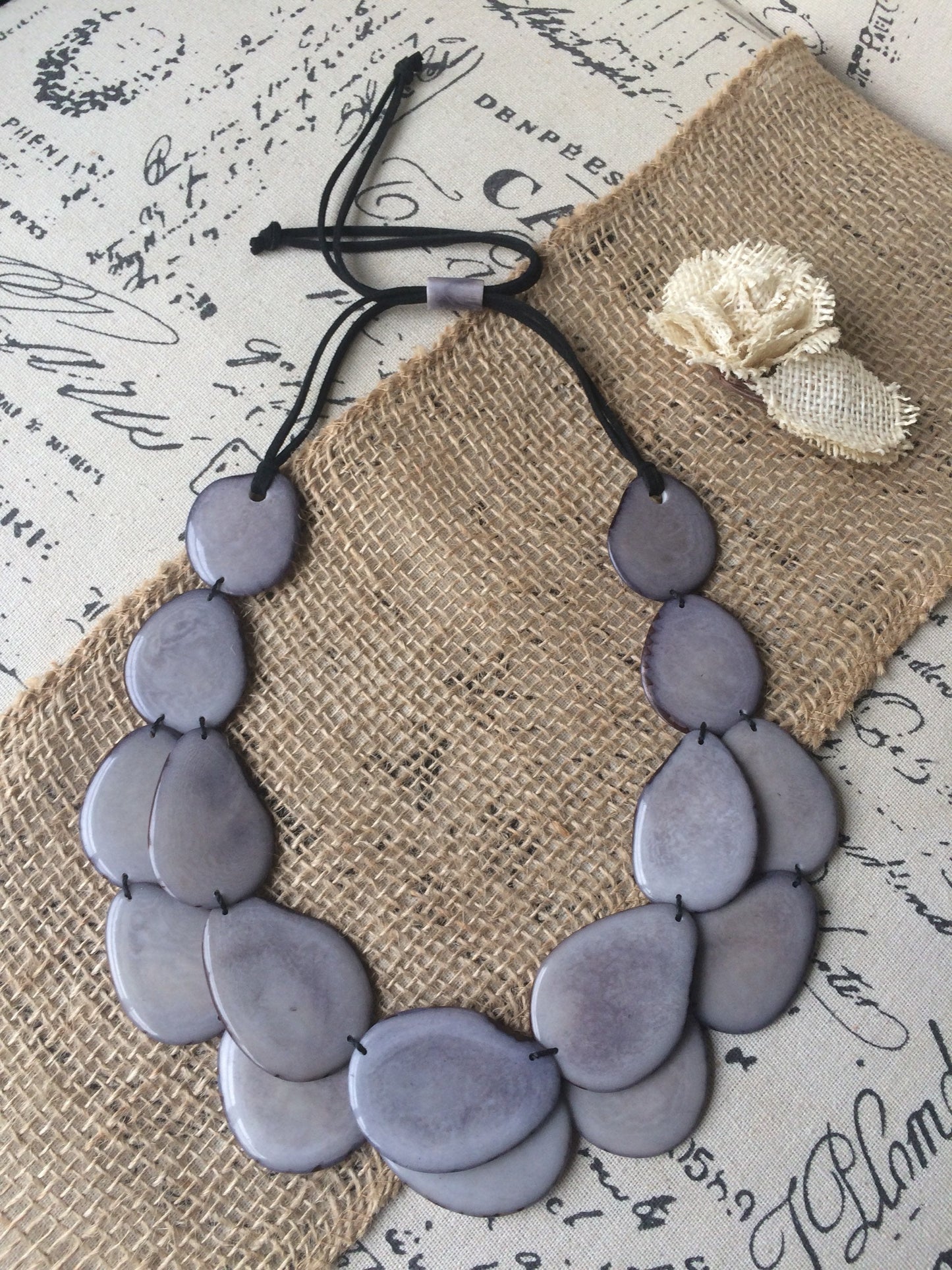 Gray statement necklace Tagua jewelry Big bold necklaces for women Double layer beaded necklace Wearable art Anniversary gift wife