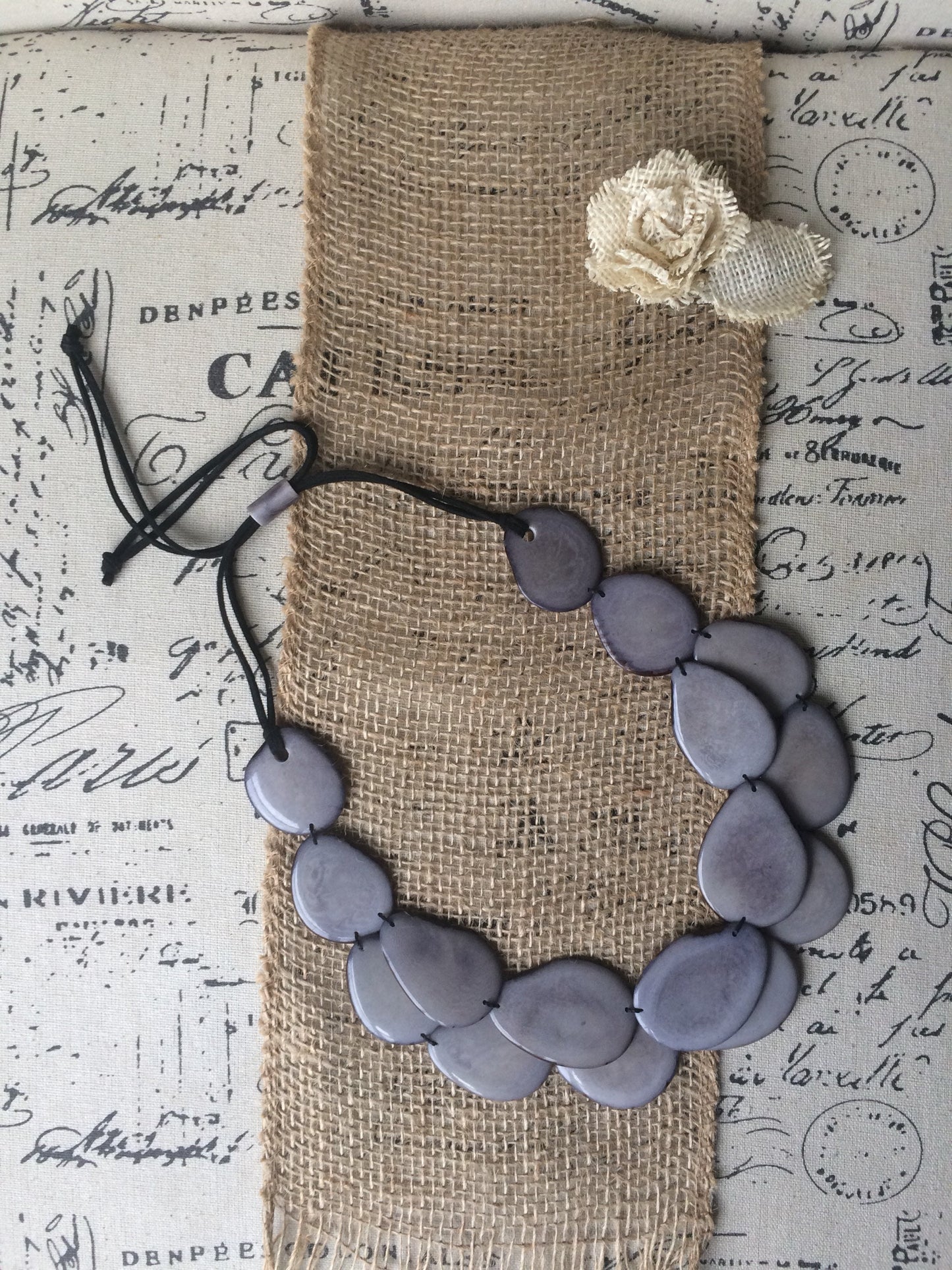 Gray statement necklace Tagua jewelry Big bold necklaces for women Double layer beaded necklace Wearable art Anniversary gift wife