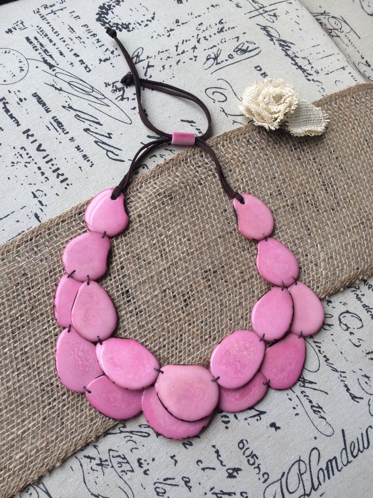 Pink statement necklace Adjustable cord Tagua jewelry Multi strand necklace Big bold necklace Wearable art Fall fashion Art to wear
