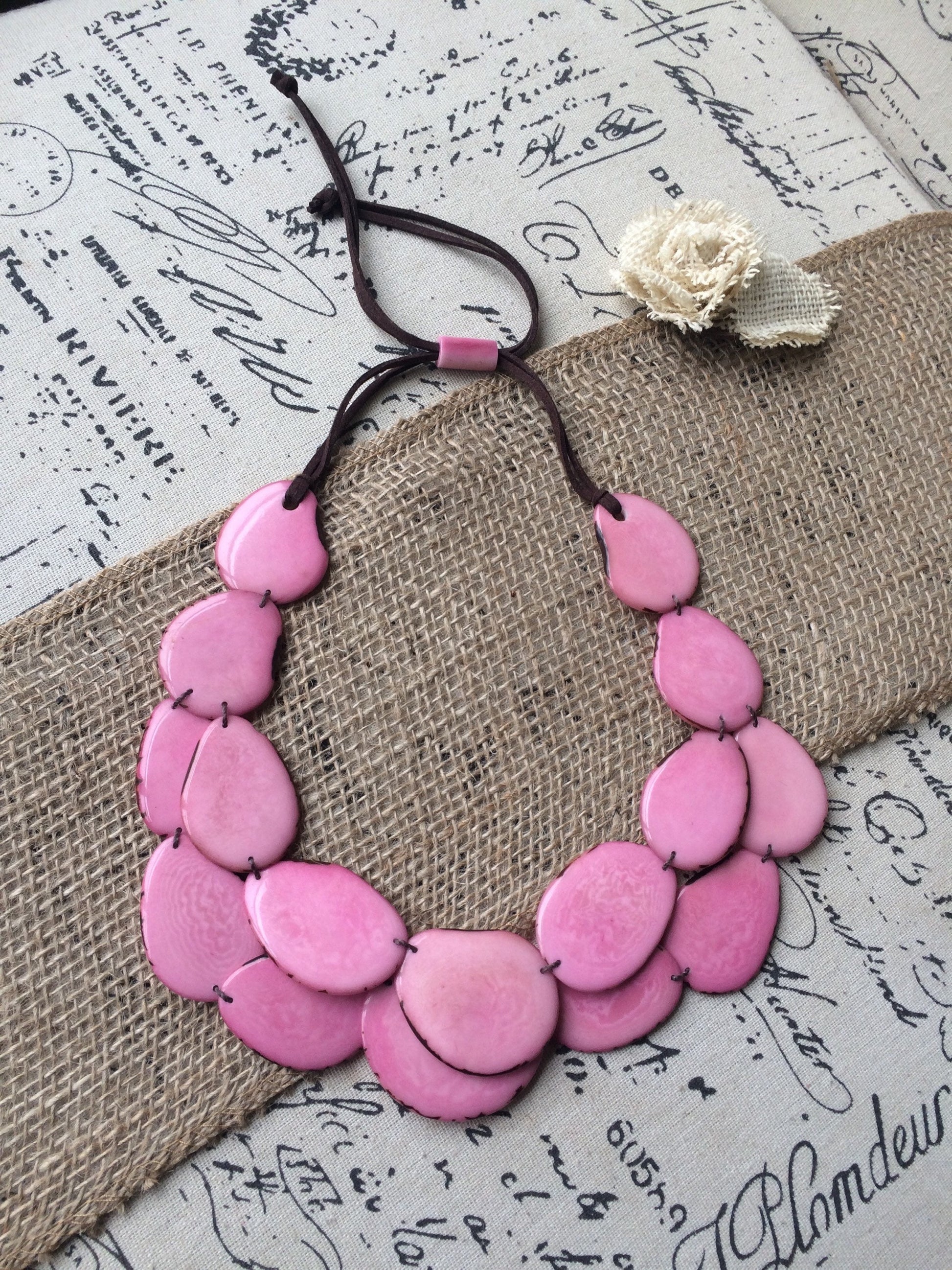 Pink statement necklace Adjustable cord Tagua jewelry Multi strand necklace Big bold necklace Wearable art Fall fashion Art to wear