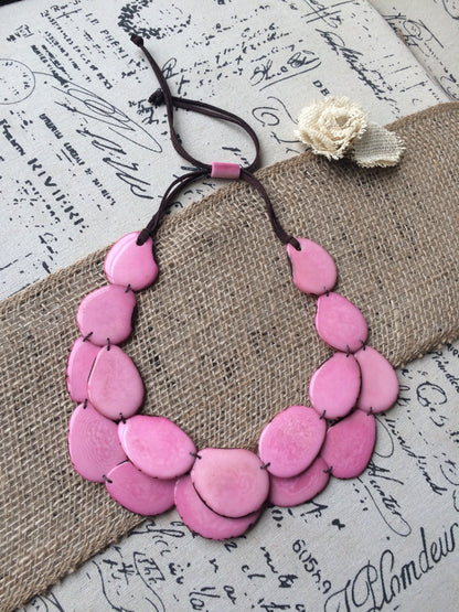Pink statement necklace Adjustable cord Tagua jewelry Multi strand necklace Big bold necklace Wearable art Fall fashion Art to wear