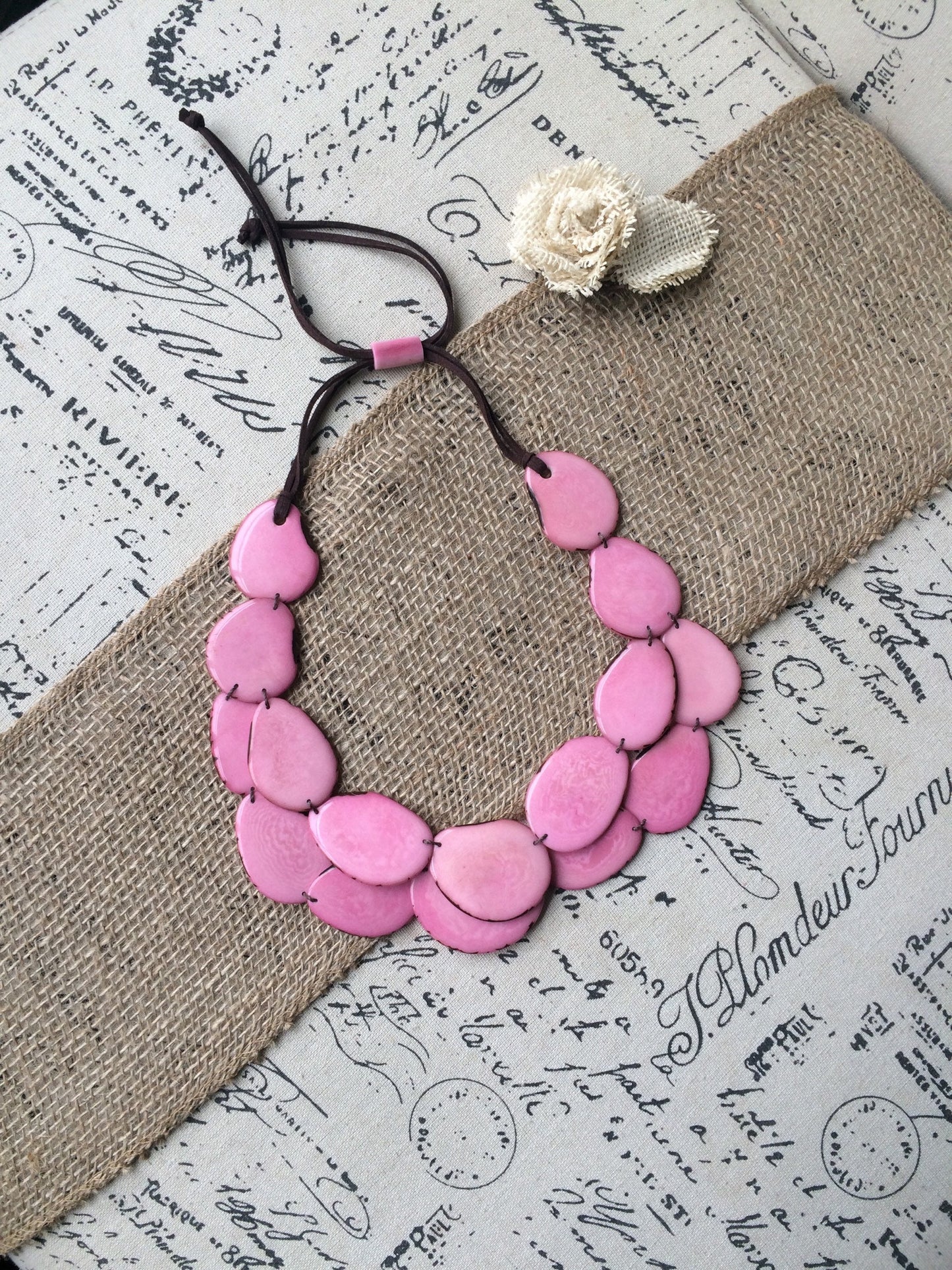 Pink statement necklace Adjustable cord Tagua jewelry Multi strand necklace Big bold necklace Wearable art Fall fashion Art to wear
