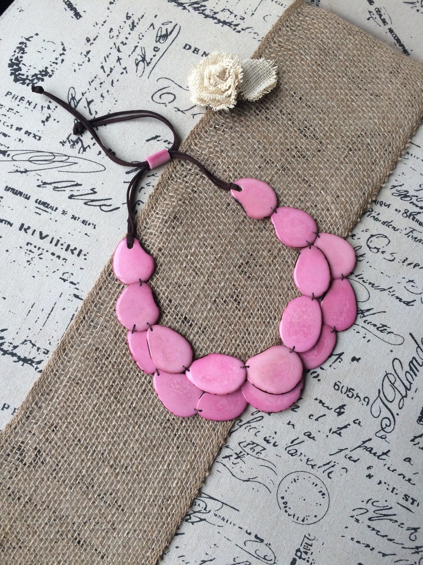 Pink statement necklace Adjustable cord Tagua jewelry Multi strand necklace Big bold necklace Wearable art Fall fashion Art to wear