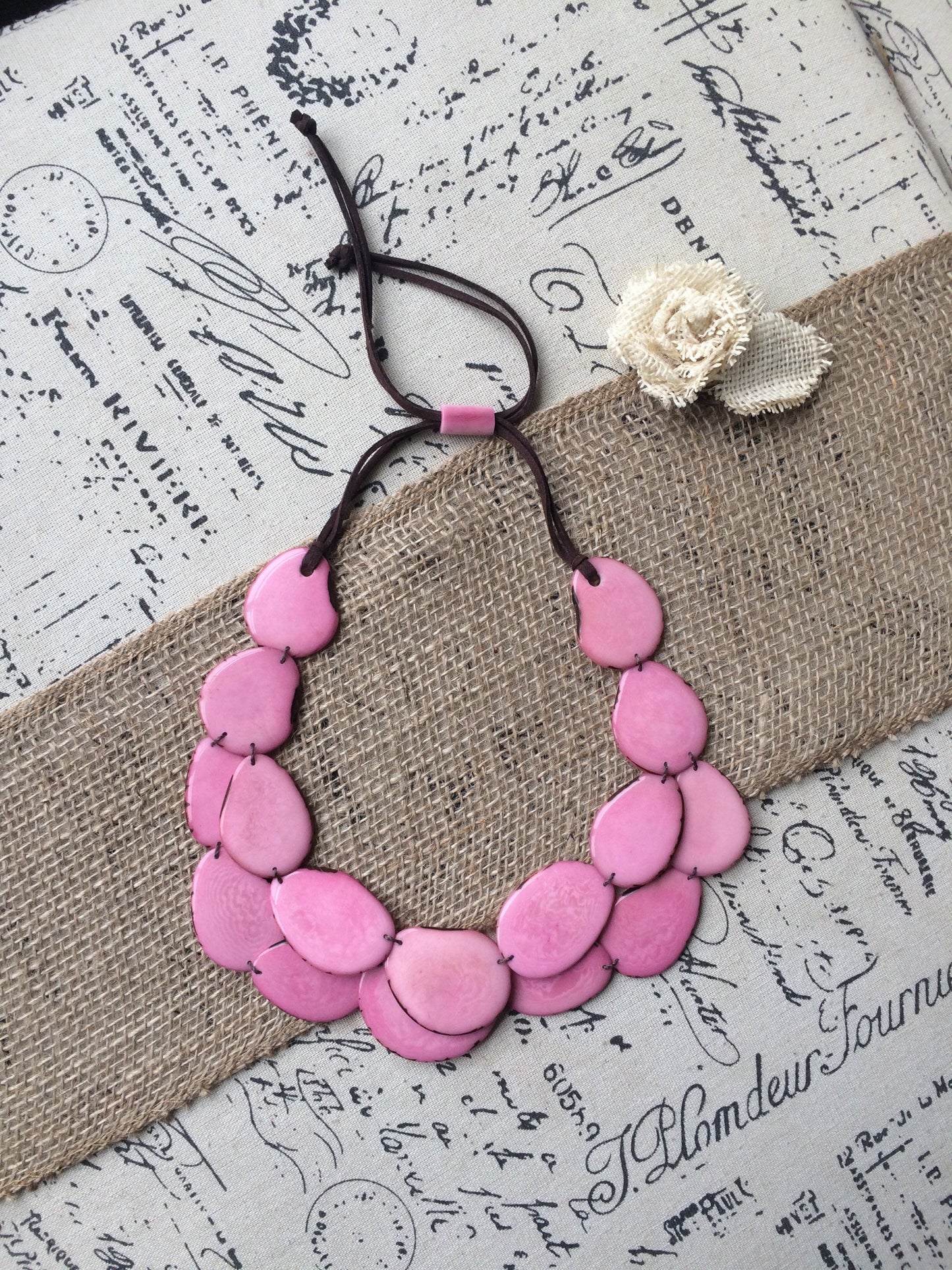 Pink statement necklace Adjustable cord Tagua jewelry Multi strand necklace Big bold necklace Wearable art Fall fashion Art to wear