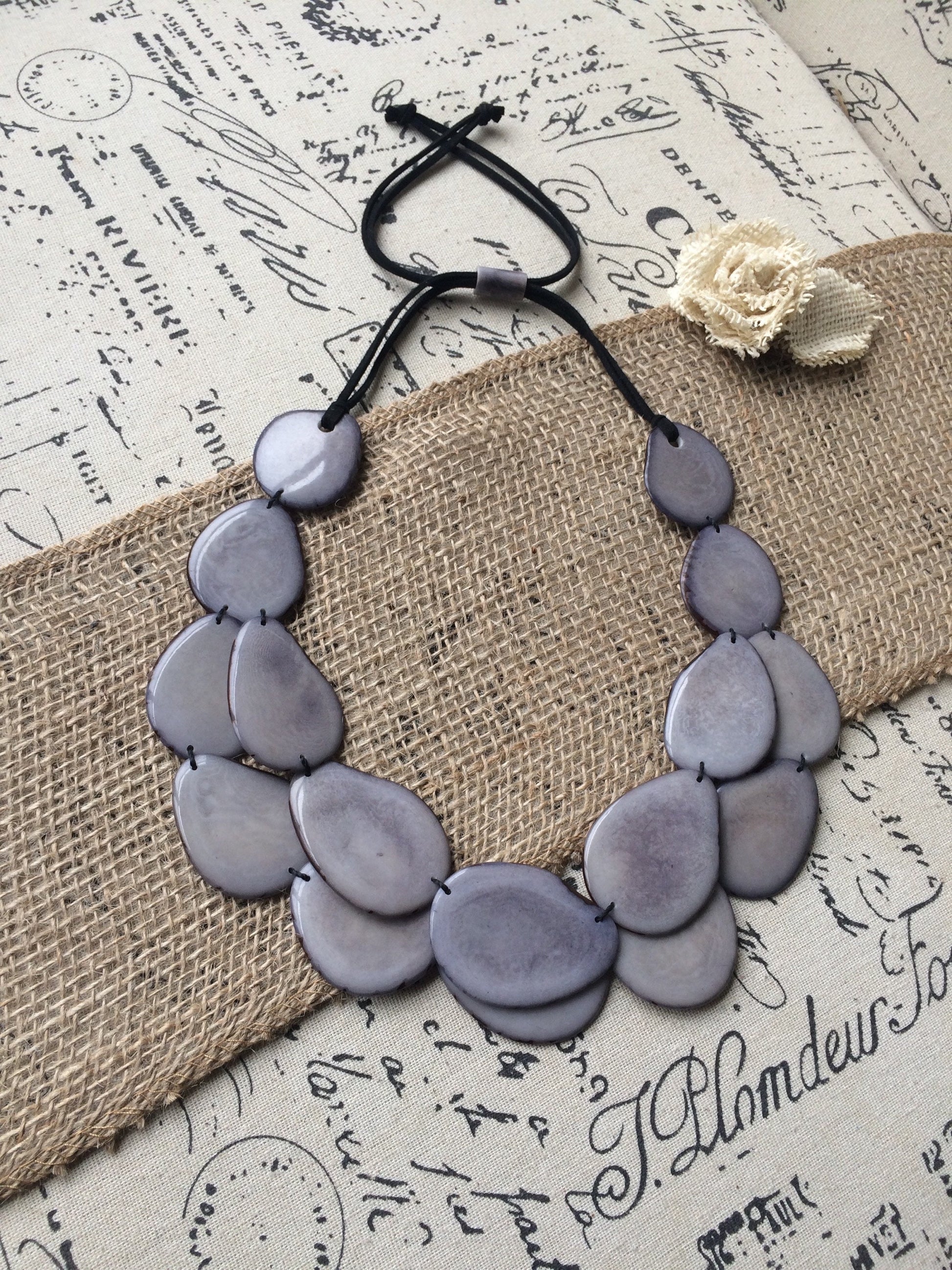 Gray statement necklace Tagua jewelry Big bold necklaces for women Double layer beaded necklace Wearable art Anniversary gift wife