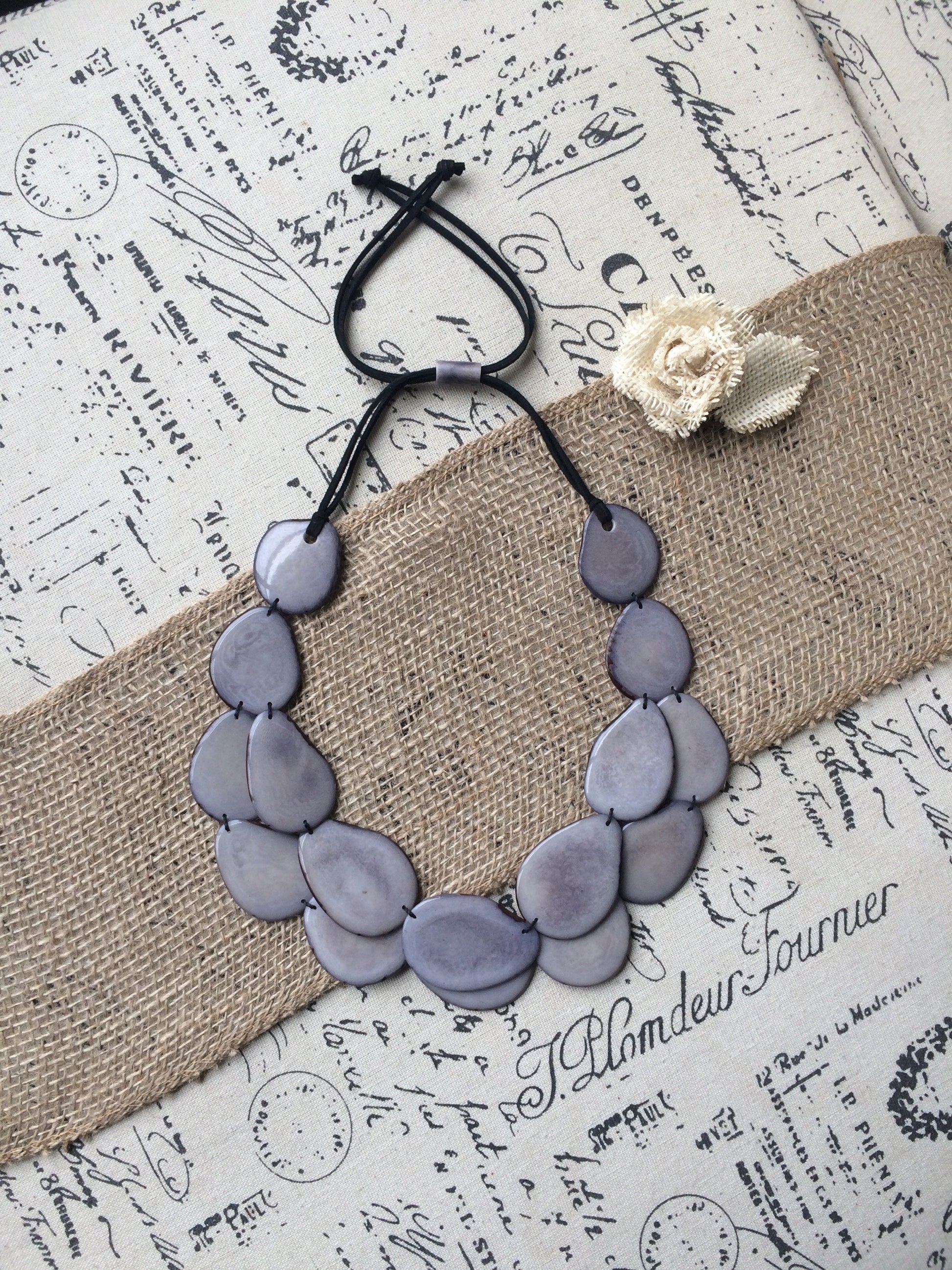 Gray statement necklace Tagua jewelry Big bold necklaces for women Double layer beaded necklace Wearable art Anniversary gift wife
