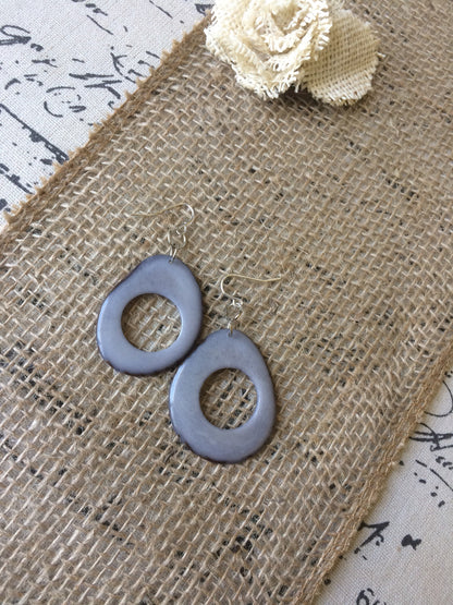 Tagua nut earrings Big gray earrings Unusual oversized earrings Modern mod hoops Fall fashion Wearable art Hypoallergenic earrings