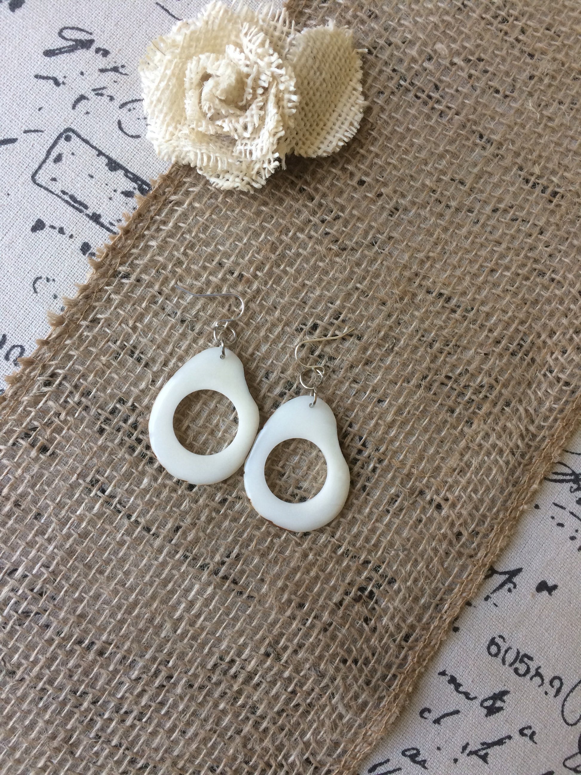White statement earrings Tagua jewelry 14 year wedding anniversary gift for wife Wearable art Handmade beaded earrings Dangly drop earrings