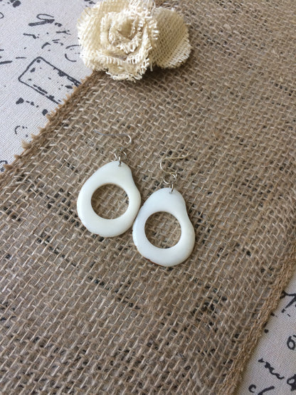 White statement earrings Tagua jewelry 14 year wedding anniversary gift for wife Wearable art Handmade beaded earrings Dangly drop earrings