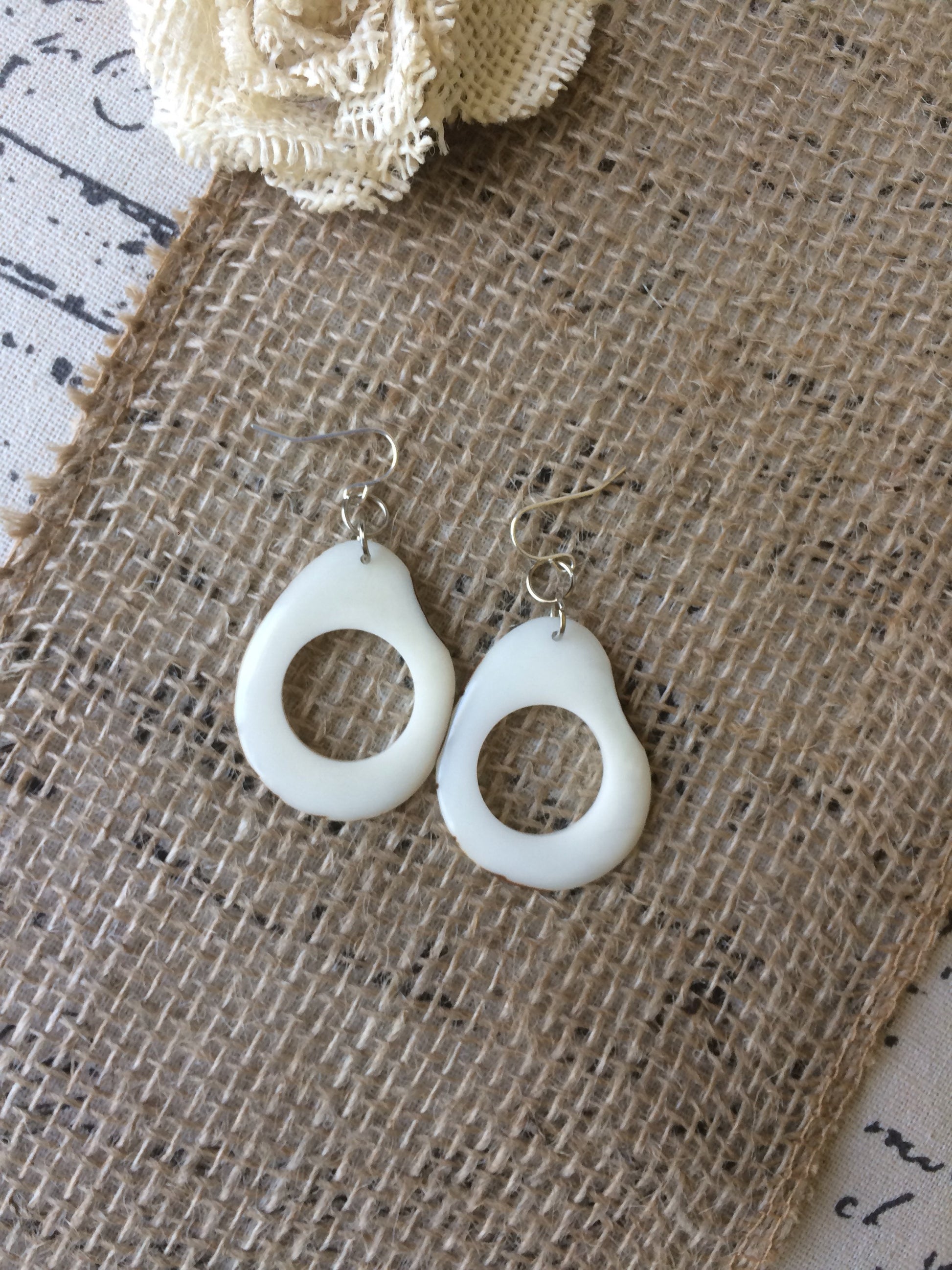 White statement earrings Tagua jewelry 14 year wedding anniversary gift for wife Wearable art Handmade beaded earrings Dangly drop earrings