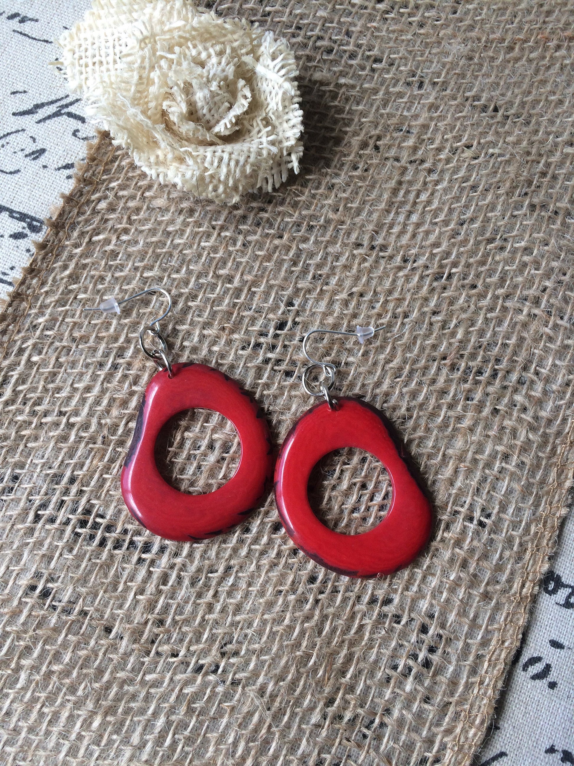 Tagua earrings Big red earrings Handmade beaded earrings Fall fashion 2025 Wearable art Artsy gifts Statement hypoallergenic earrings