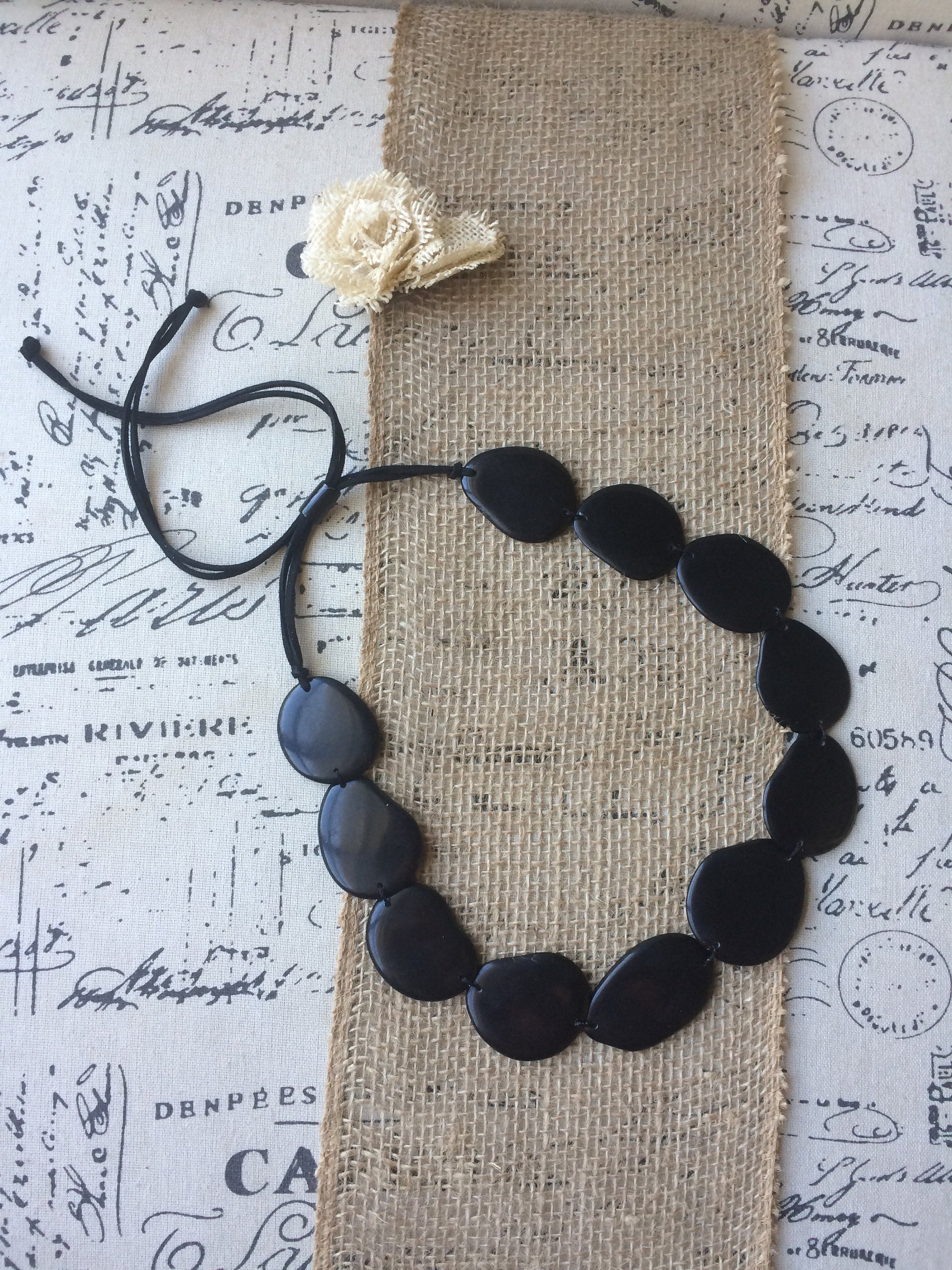 Black single strand necklace Tagua jewelry Statement necklace Big bold necklace Adjustable cord Art to wear Fall fashion 2025 Trendy jewelry